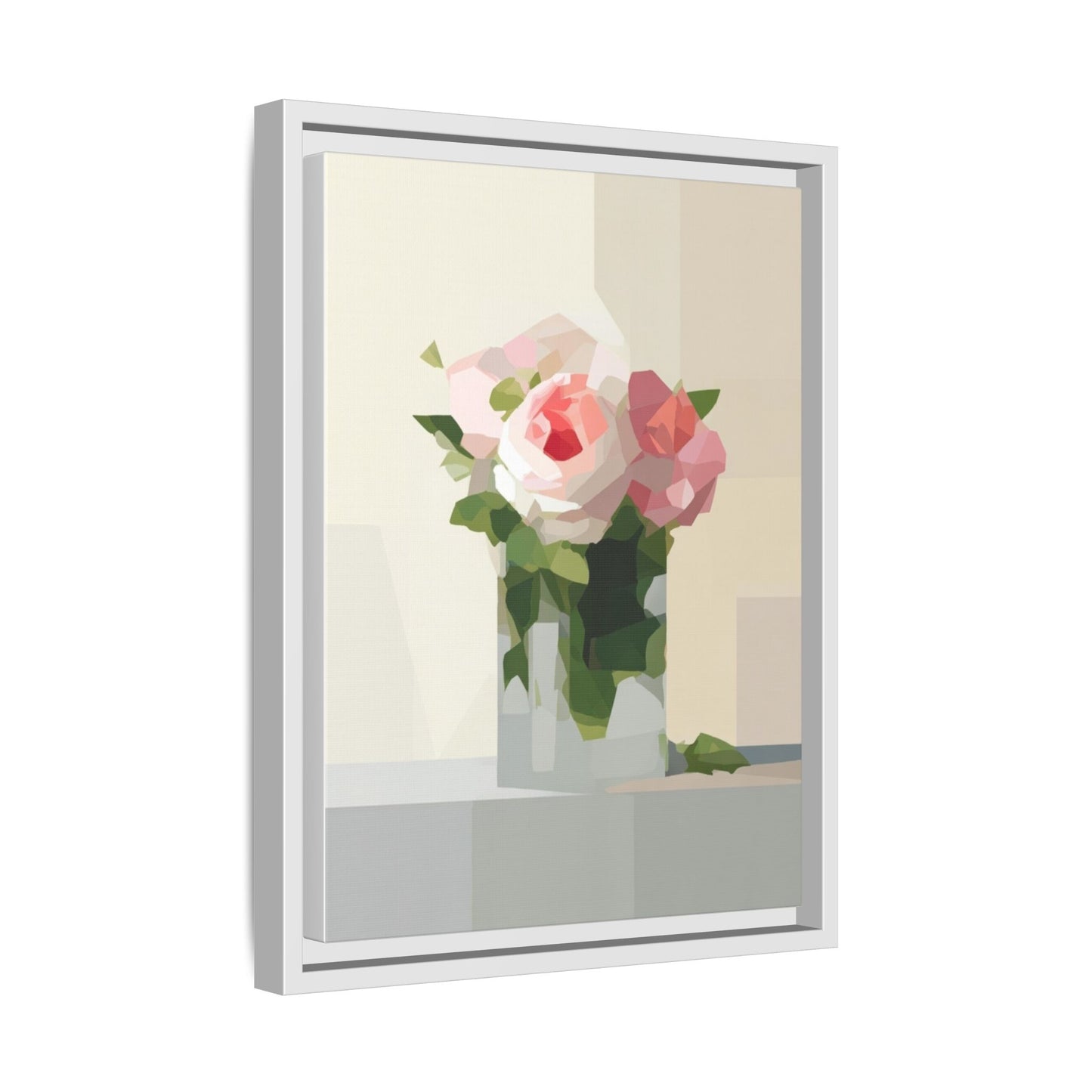 Framed Floral Canvas Print — Geometric Pink Rose Wall Art