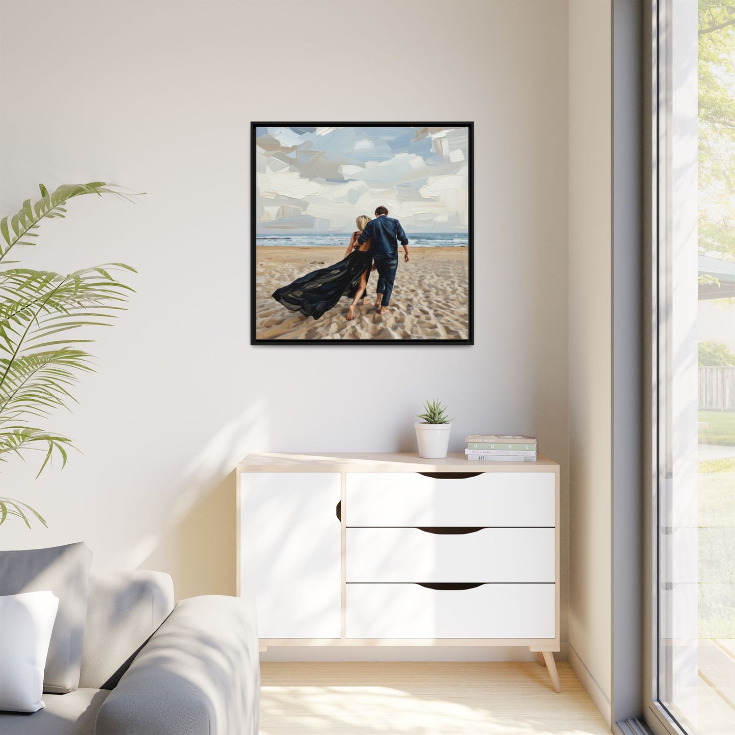 Framed Canvas Wall Art — Romantic Couple Walking on Beach Print