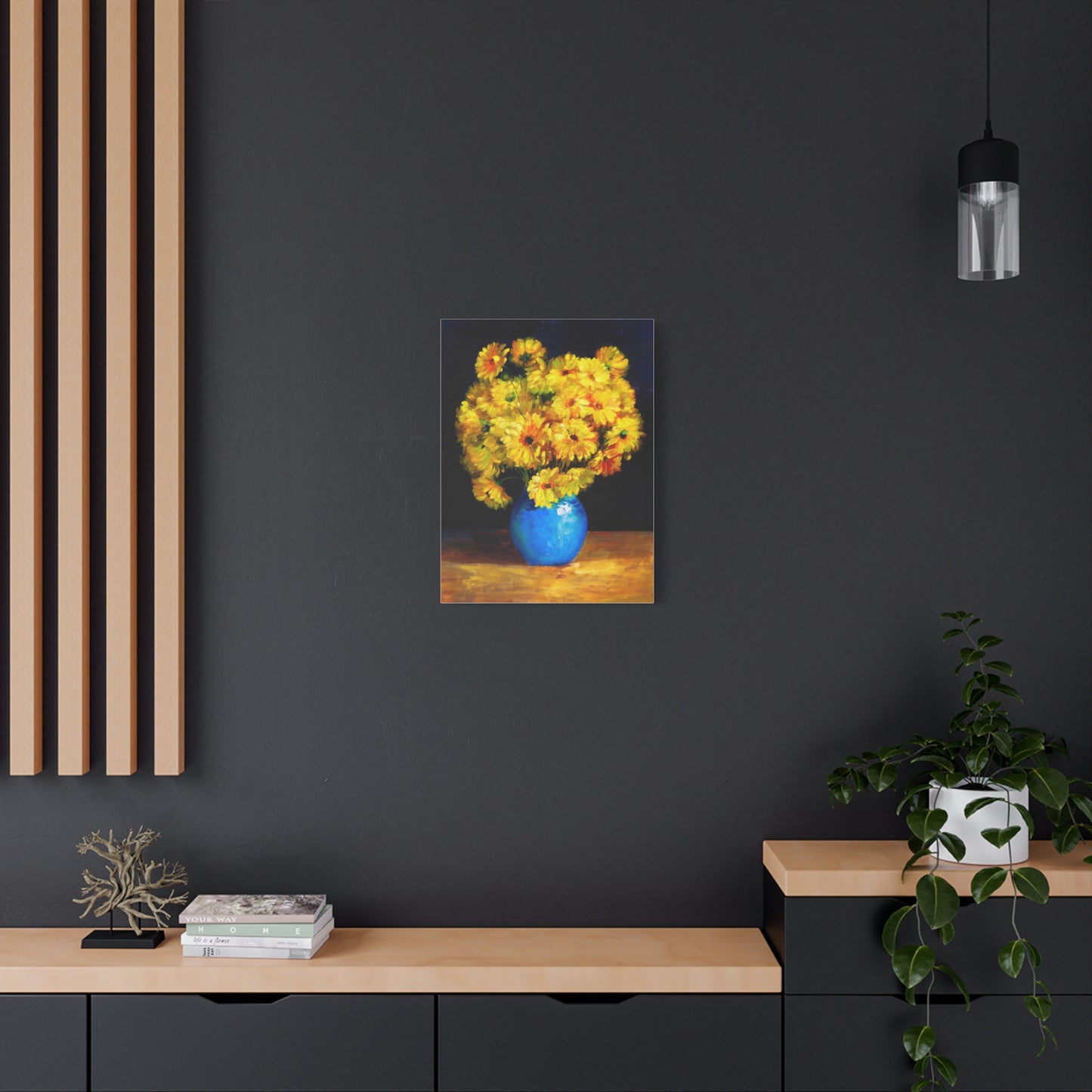 Yellow Chrysanthemum Canvas Wall Art — Blue Vase Floral Painting (Stretched Matte)