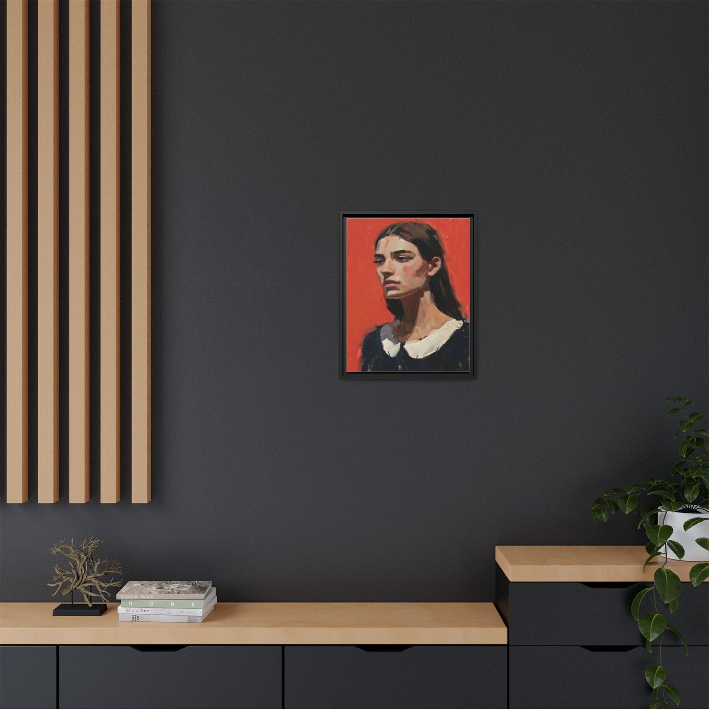Framed Matte Canvas Portrait Print — Moody Red Figurative Art