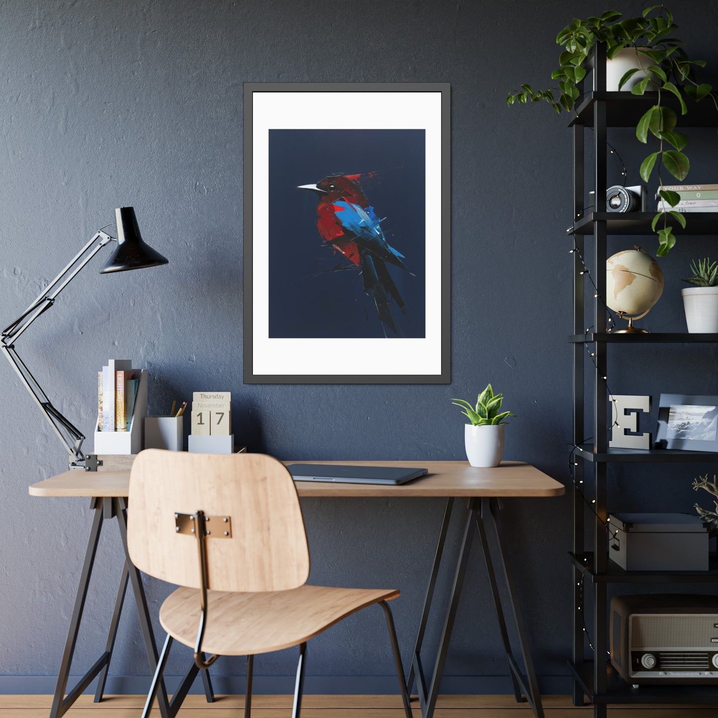 Framed Bird Art Print — Modern Red & Blue Kingfisher Poster