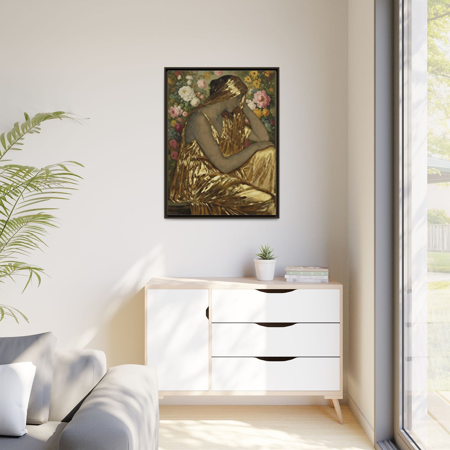 Framed Canvas Art Print — Golden Muse Woman with Floral Background