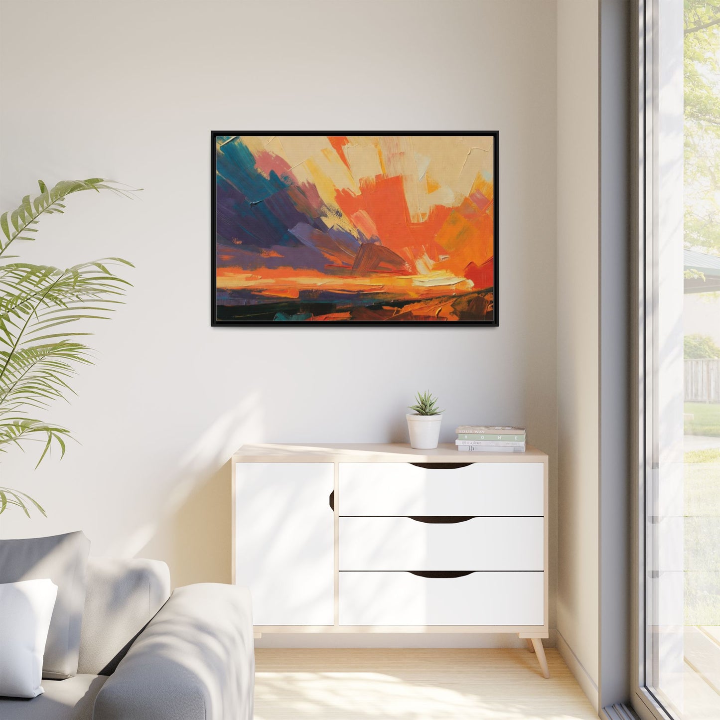 Framed Abstract Sunset Canvas Art – Multicolor Matte Wall Decor