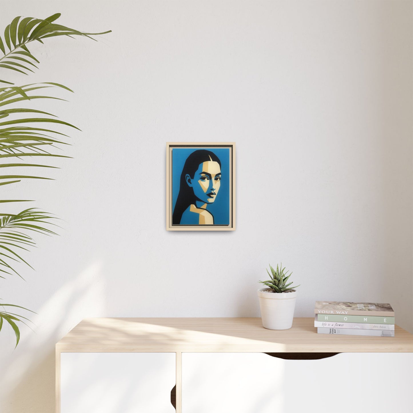 Framed Pop Art Portrait Canvas — Blue Geometric Woman Print