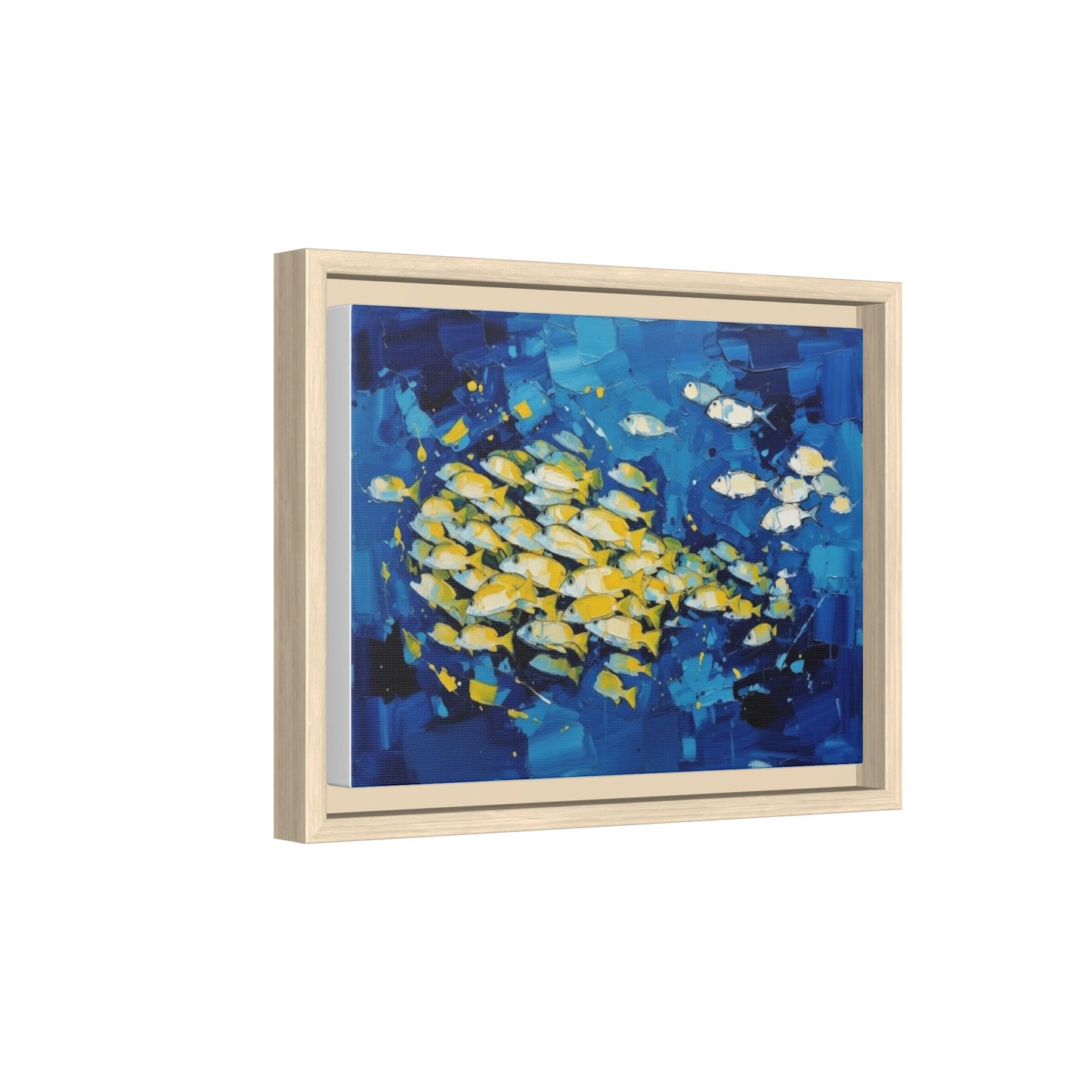 Framed Matte Canvas: Blue School of Fish Wall Art