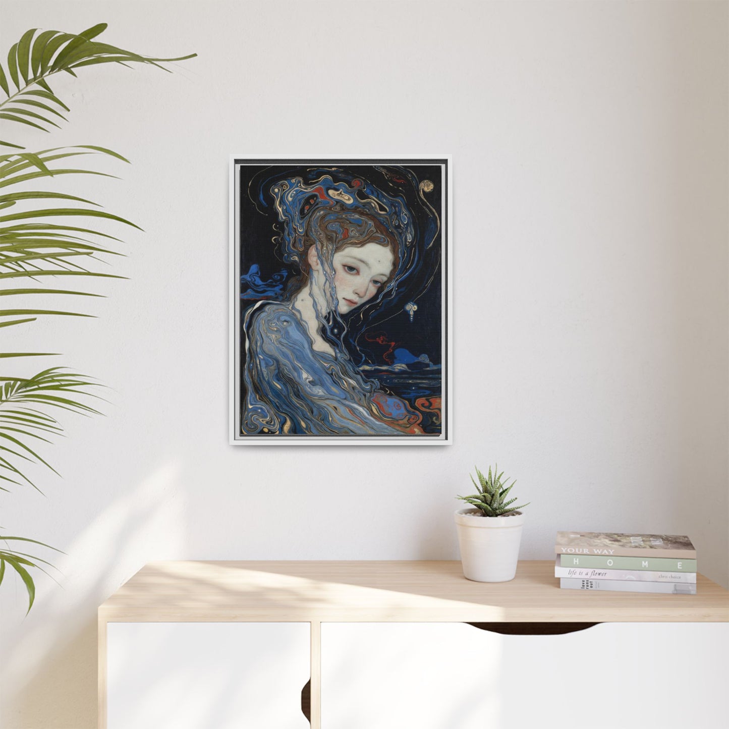 Framed Matte Canvas Art Print — Surreal Blue Maiden Portrait