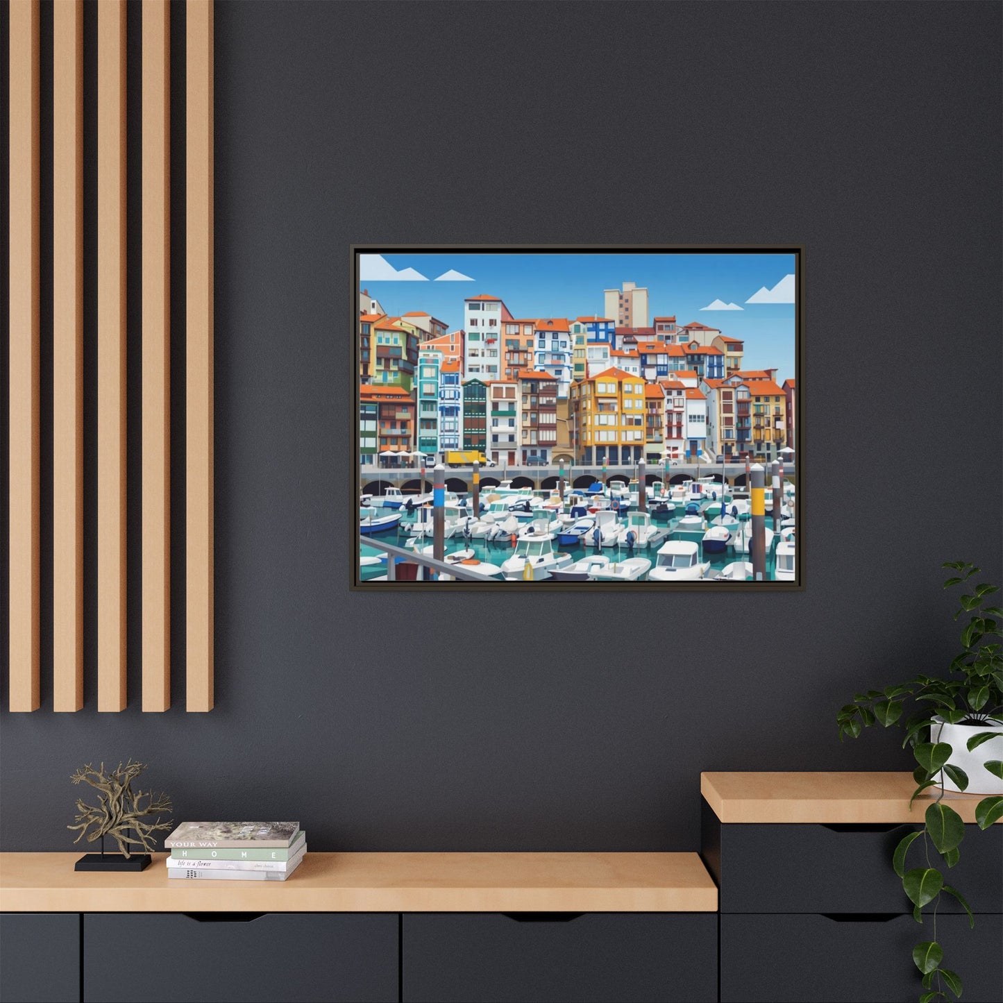 Framed Matte Canvas Print — Colorful Mediterranean Harbor Illustration