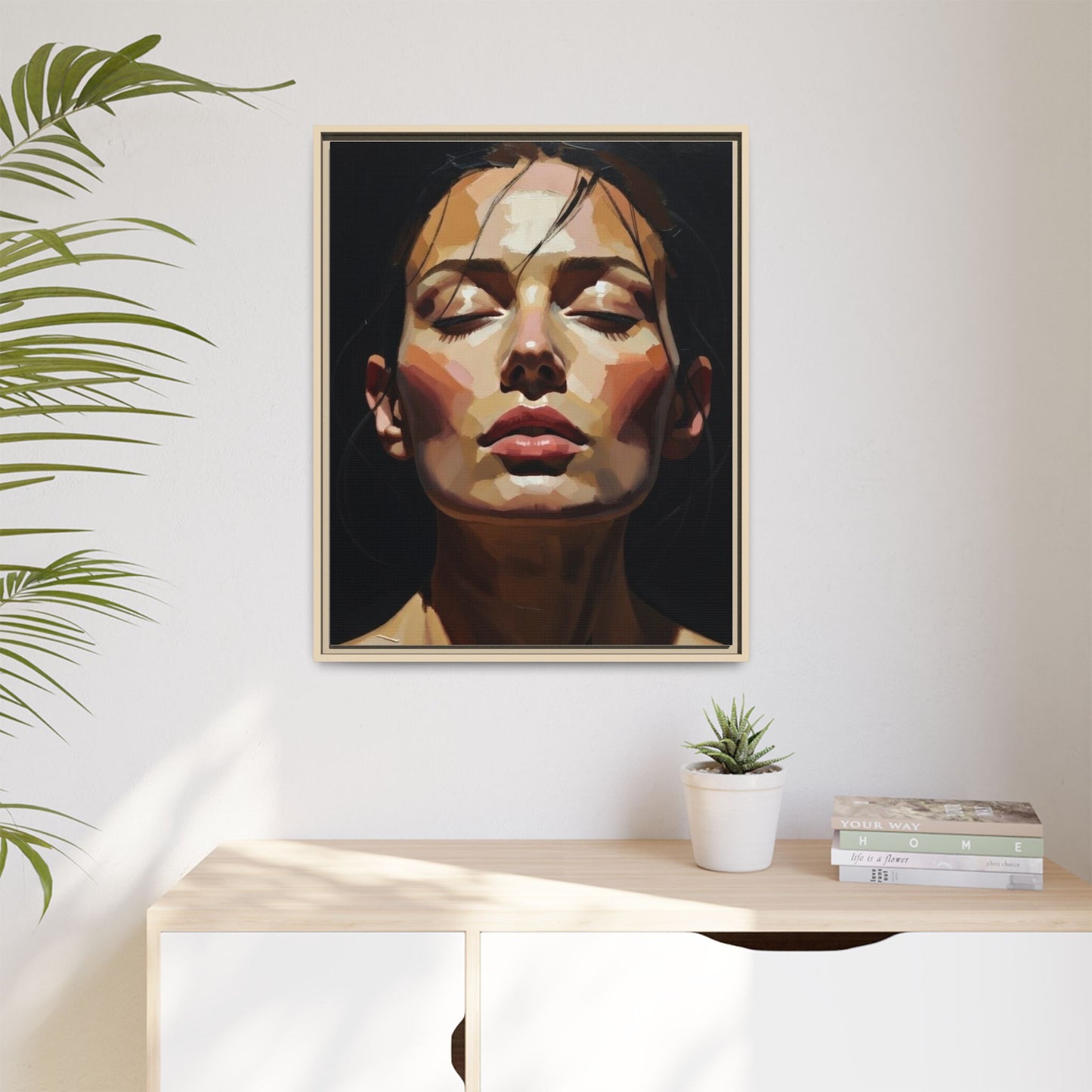 Framed Matte Canvas Portrait – Woman with Eyes Closed (Multi‑Color)