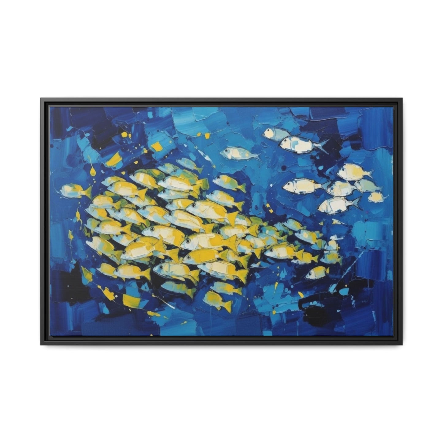 Framed Matte Canvas: Blue School of Fish Wall Art