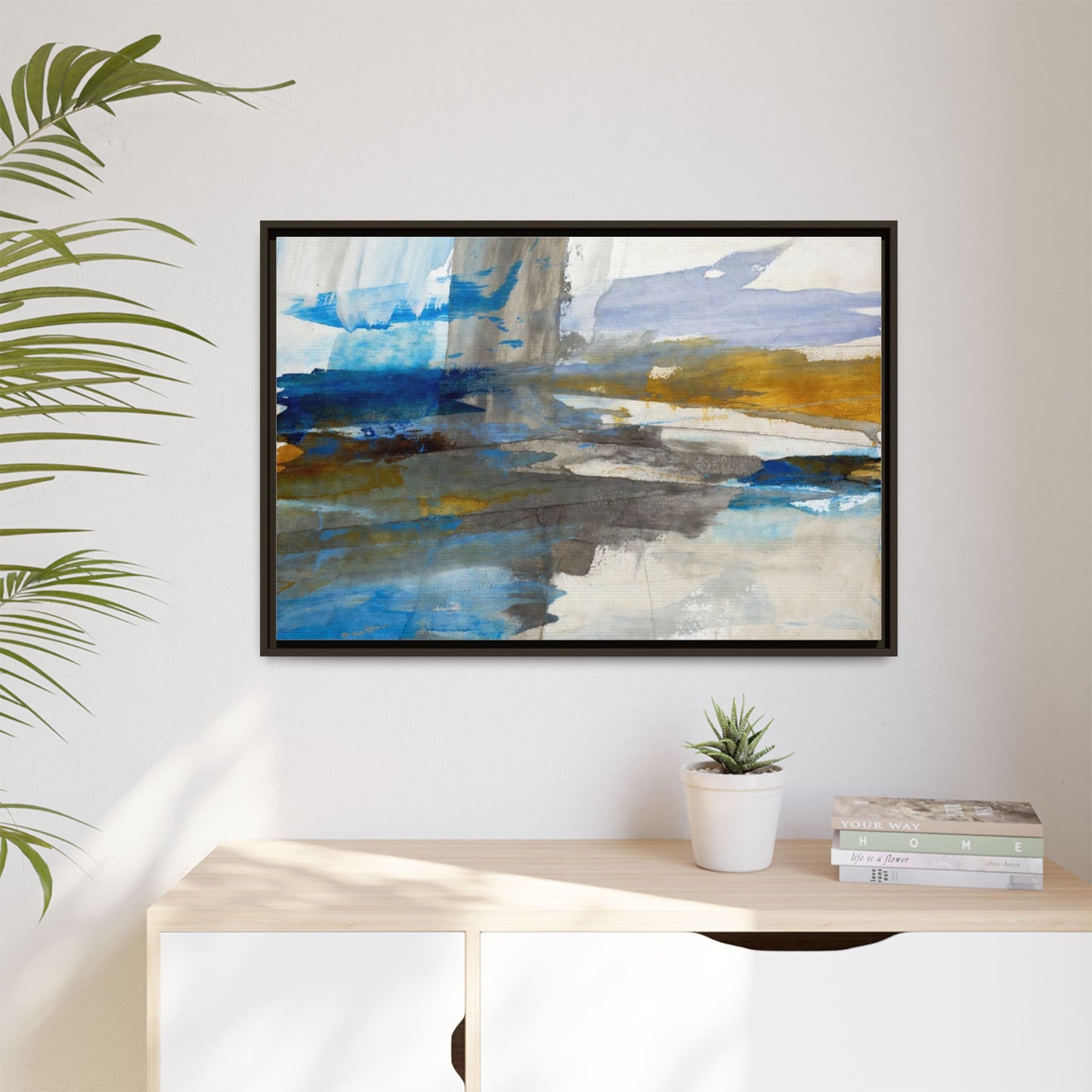 Abstract Blue & Gold Framed Canvas Art — Matte Multi-Color Wall Print