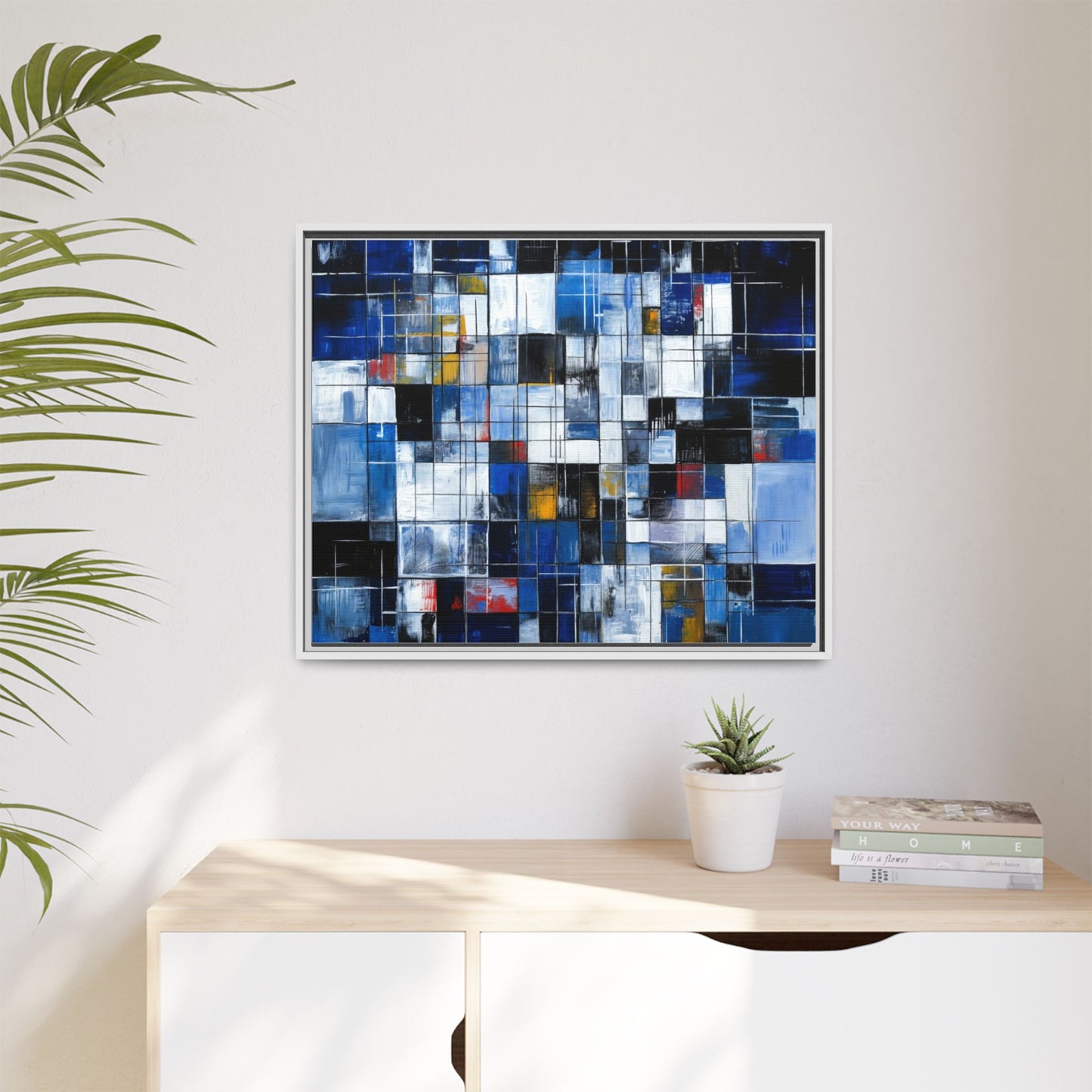 Abstract Blue Grid Matte Canvas Framed Art Print