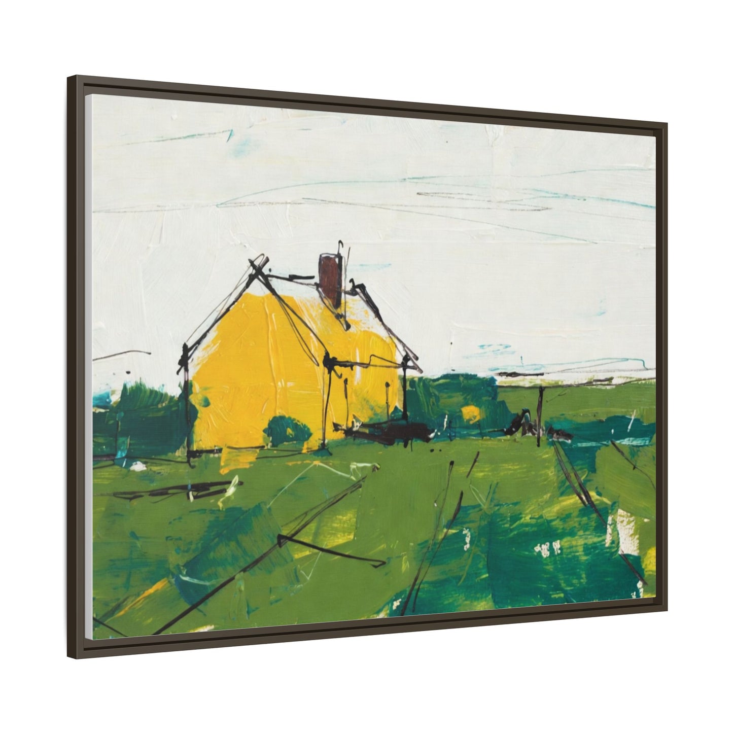 Yellow Cottage Landscape Framed Canvas Print