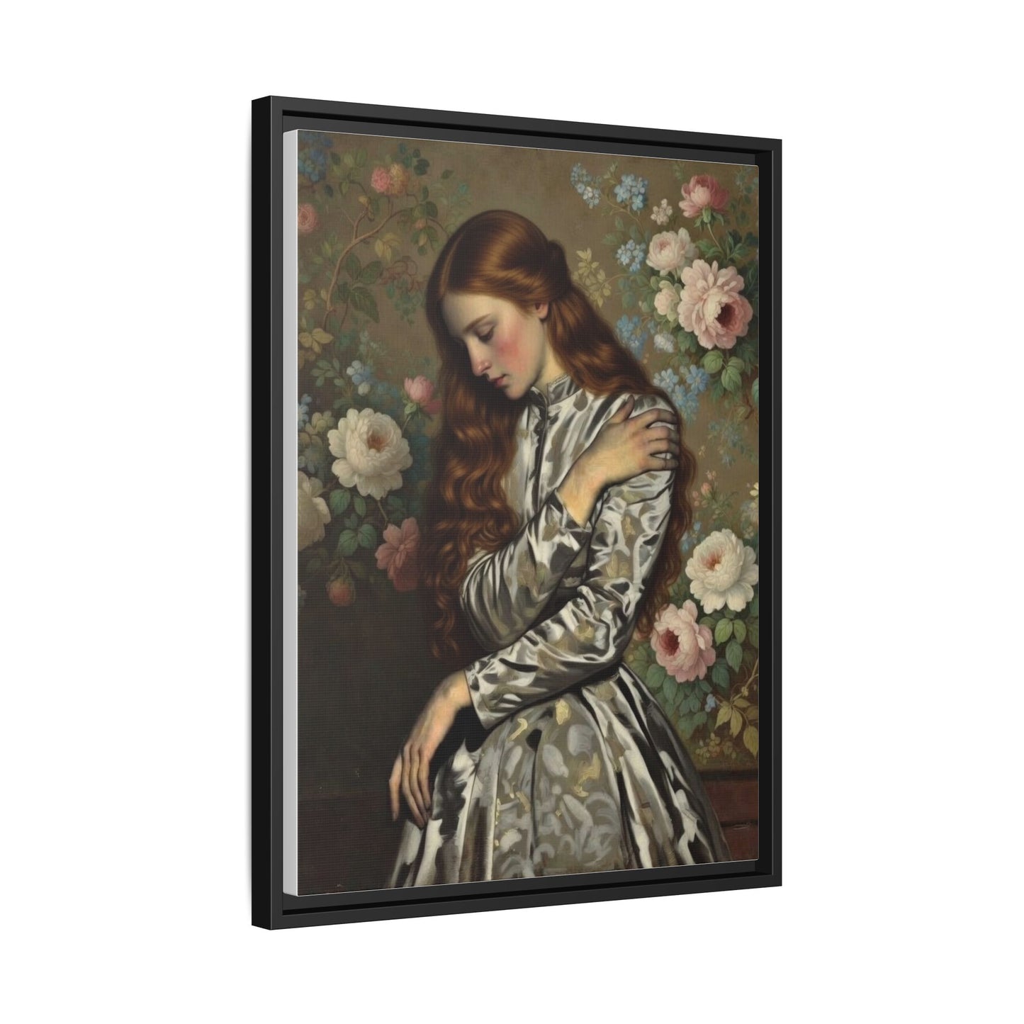 Framed Matte Canvas Art — Vintage Floral Portrait of a Young Woman