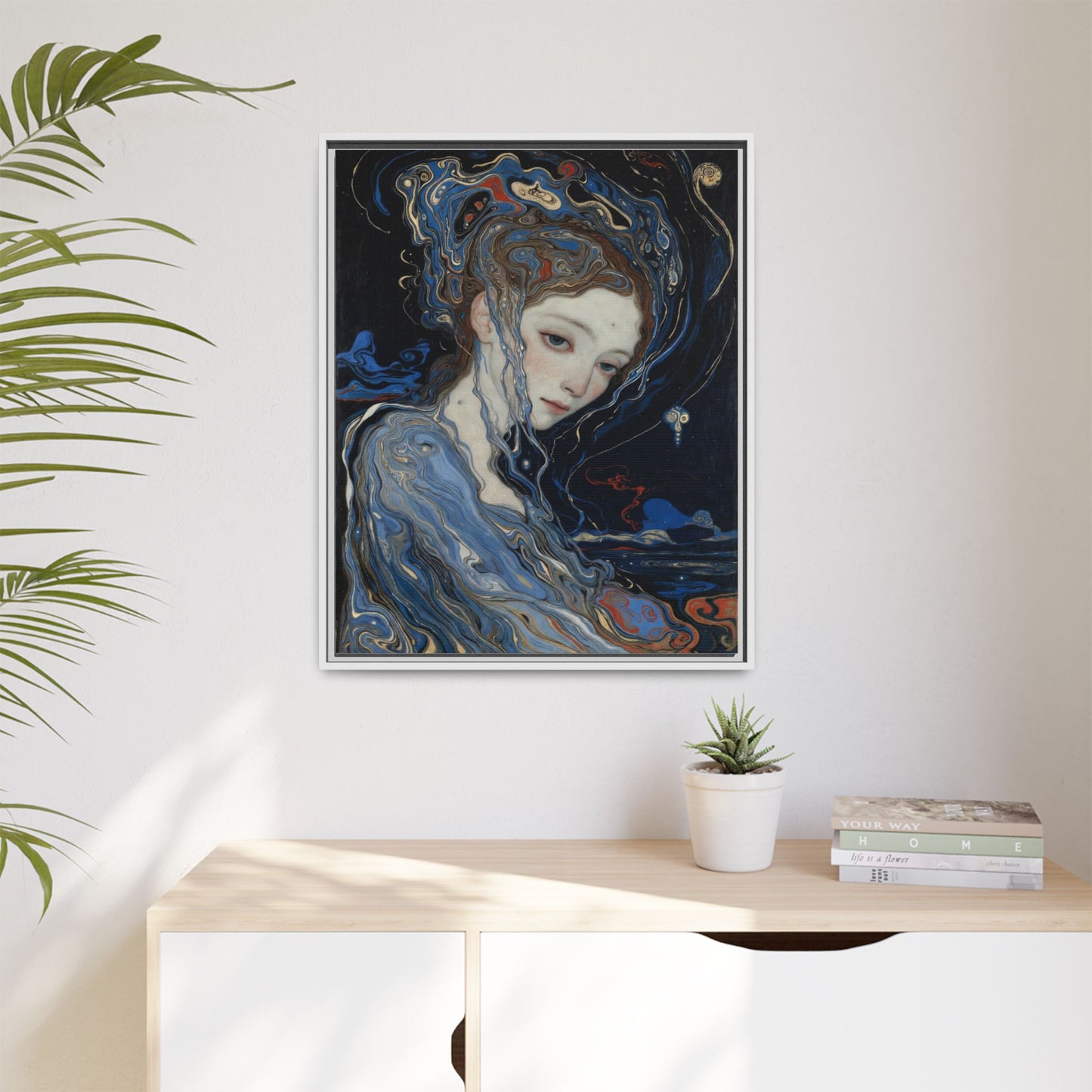 Framed Matte Canvas Art Print — Surreal Blue Maiden Portrait