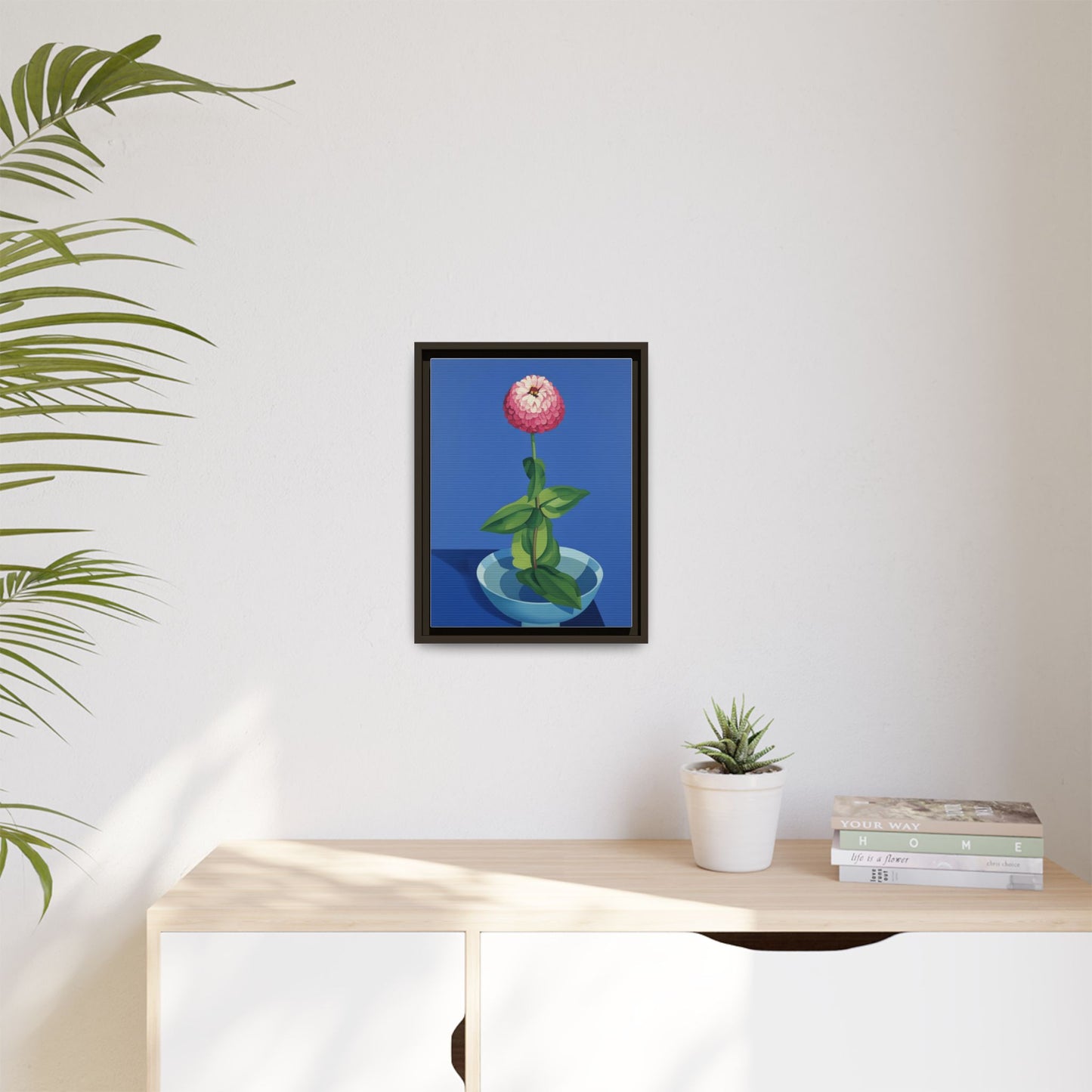 Framed Matte Canvas Art — Pink Zinnia in Blue Bowl (Botanical Still Life)