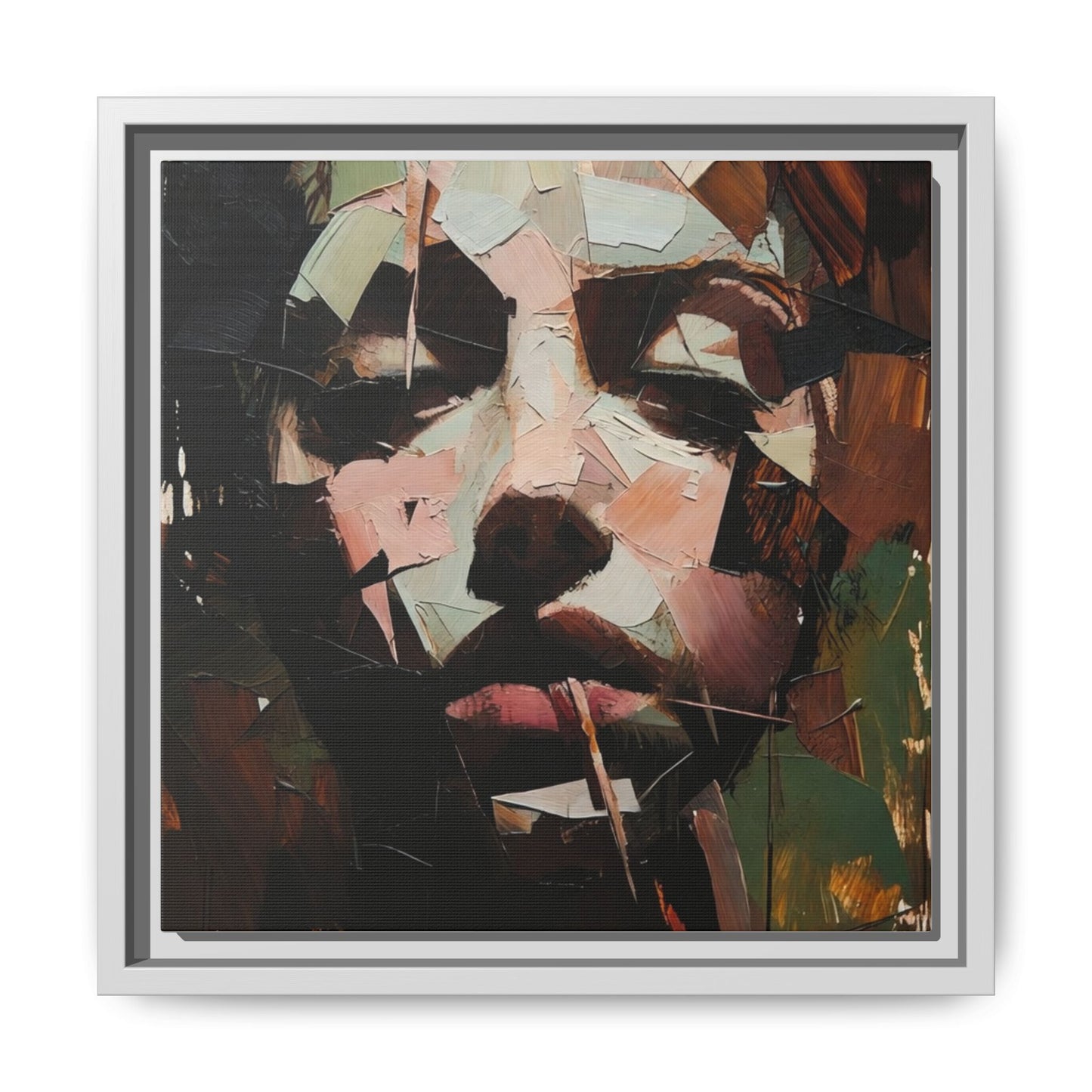 Matte Framed Canvas Art — Abstract Female Portrait, Moody Multicolor