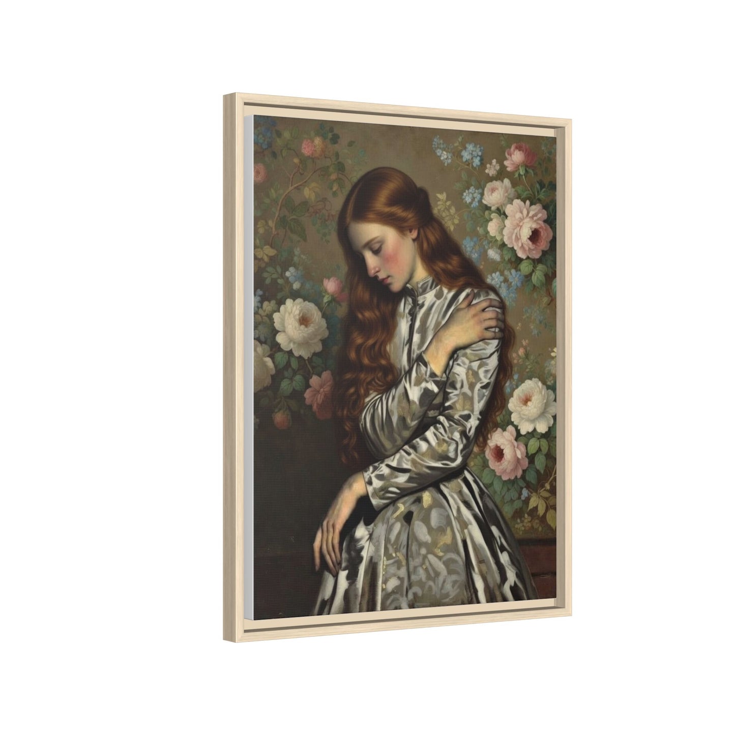 Framed Matte Canvas Art — Vintage Floral Portrait of a Young Woman