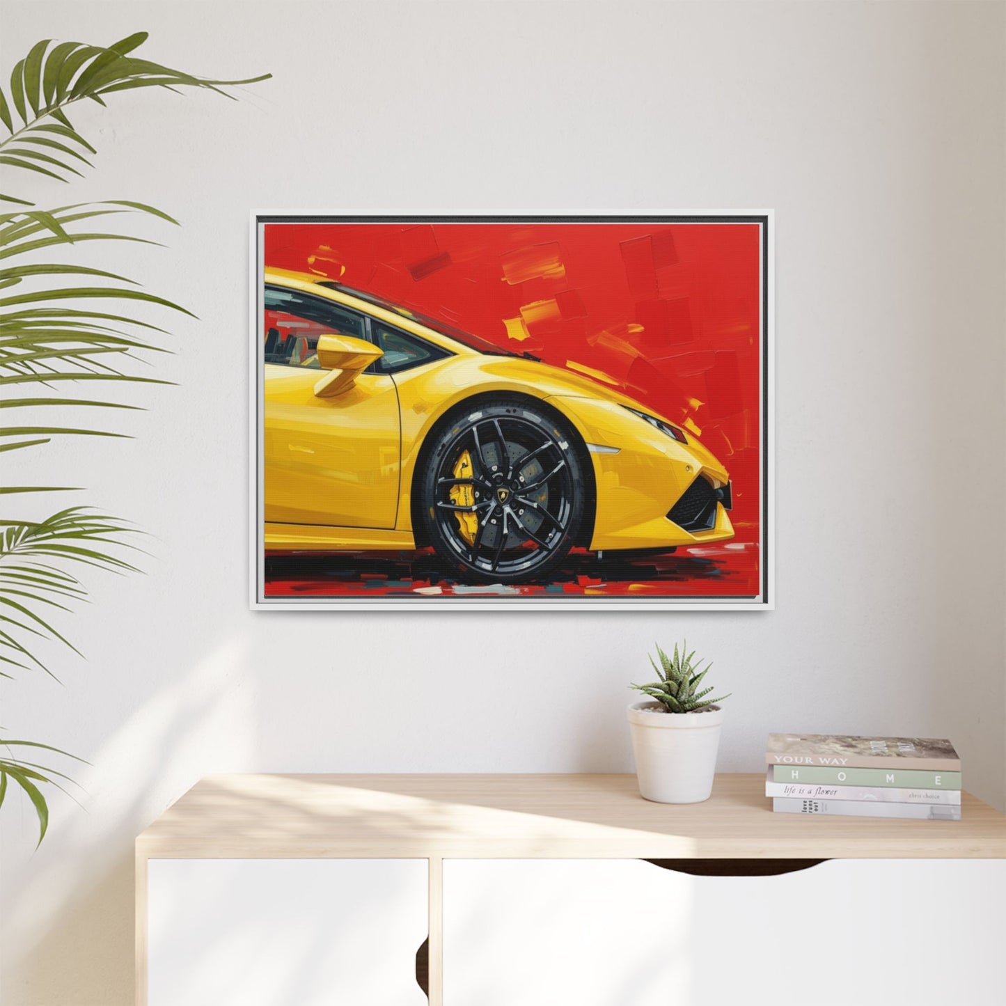 Yellow Sports Car Matte Canvas Print — Framed Automotive Wall Art