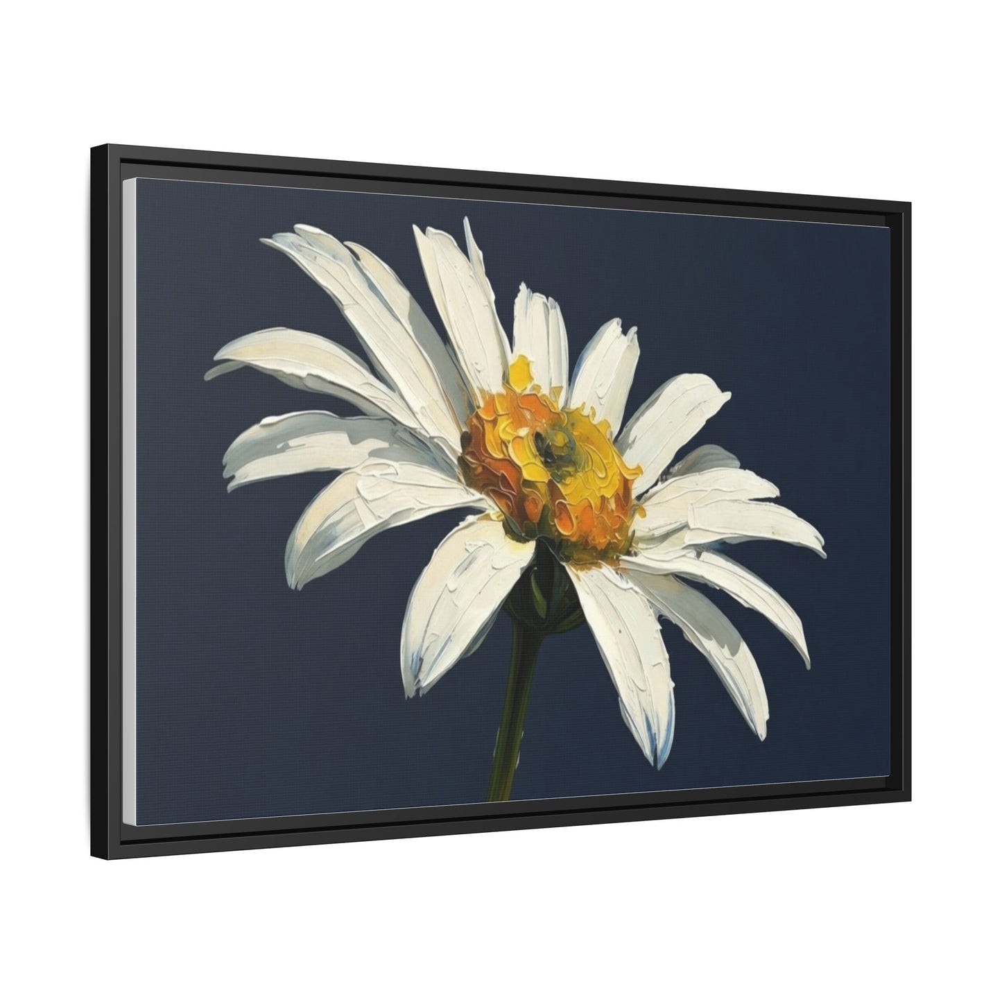 Framed Matte Canvas Daisy Wall Art — White Floral Painting on Navy