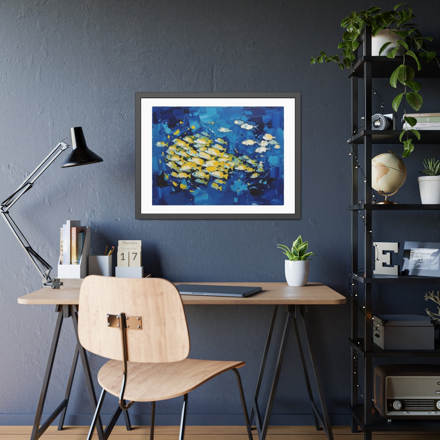 Framed Fish Poster — Blue School of Fish Nautical Wall Art Print