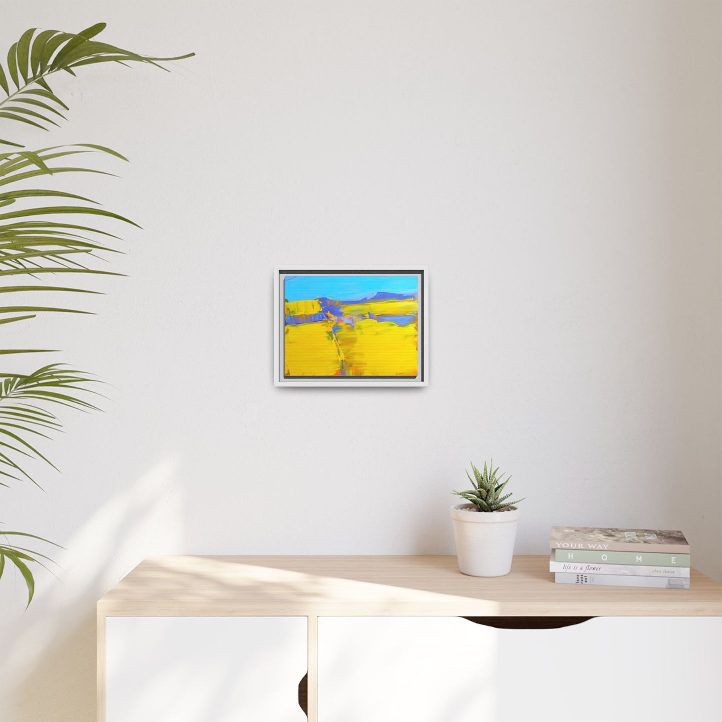 Framed Matte Canvas  Vibrant Yellow Blue Abstract Landscape Art