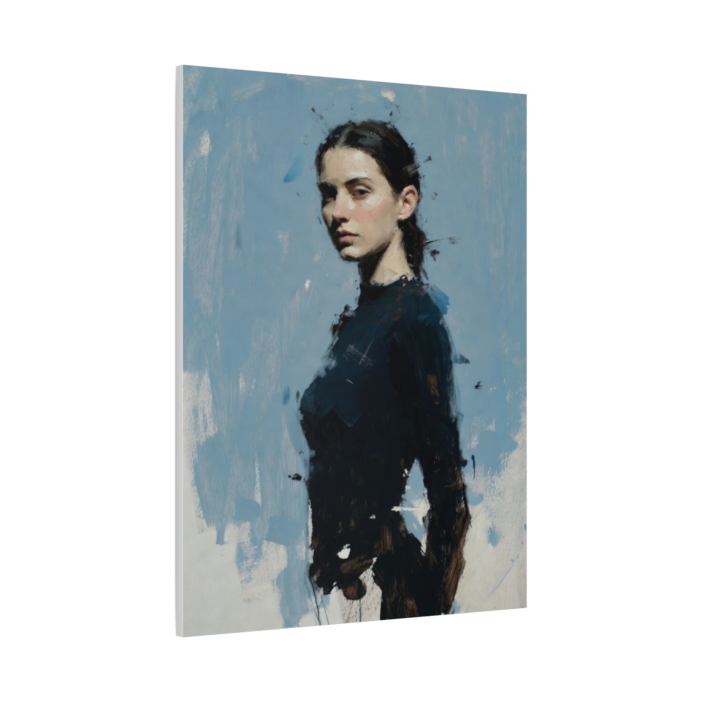 Matte Stretched Canvas Print — Portrait of a Young Woman, Moody Blue Figurative Art