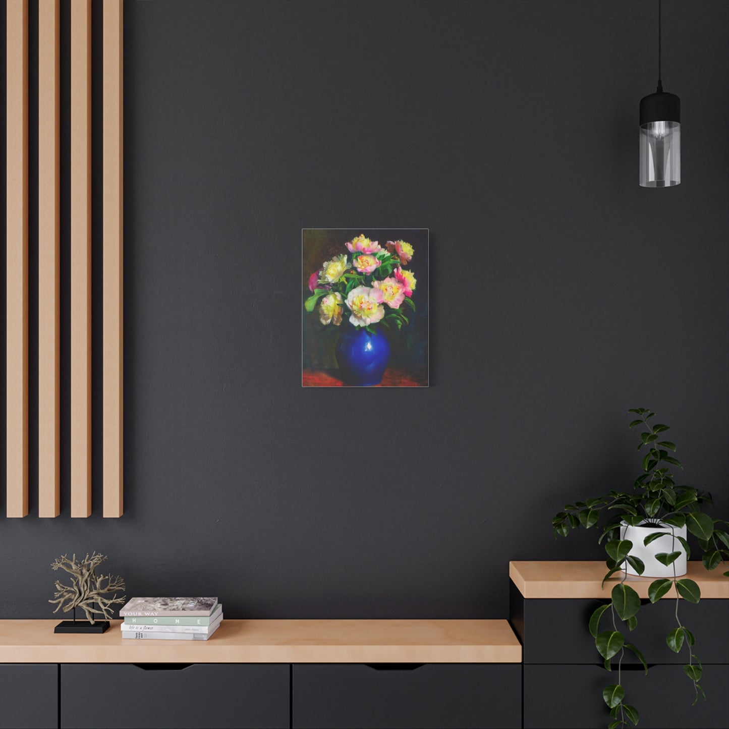 Peony Bouquet Canvas Print — Pink Peonies in Blue Vase, Stretched Matte Wall Art