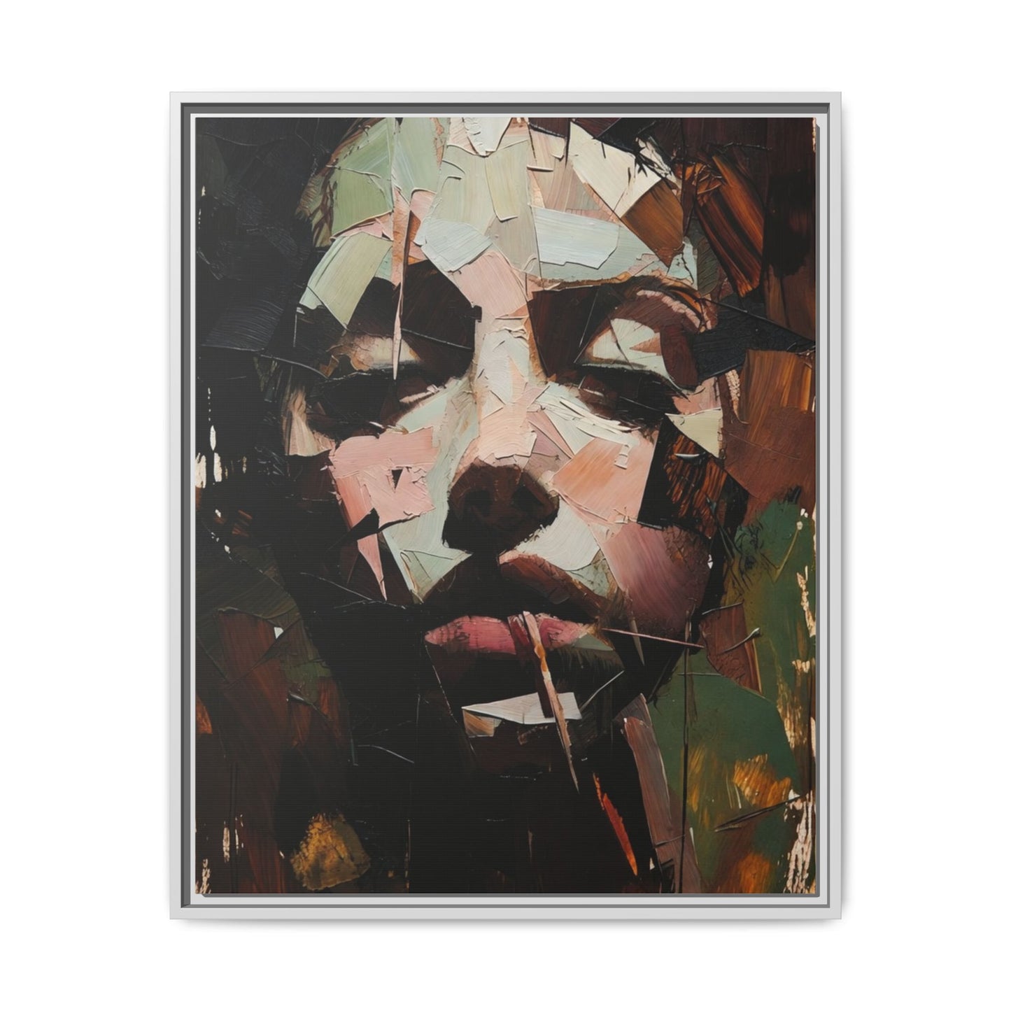 Matte Framed Canvas Art — Abstract Female Portrait, Moody Multicolor