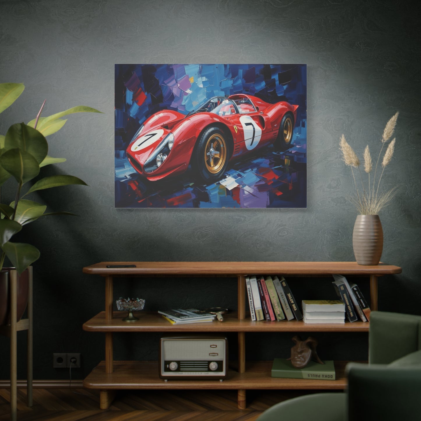 Vintage Ferrari Racing Car Canvas Print — Red Classic Sports Car Artwork (Matte Stretched)