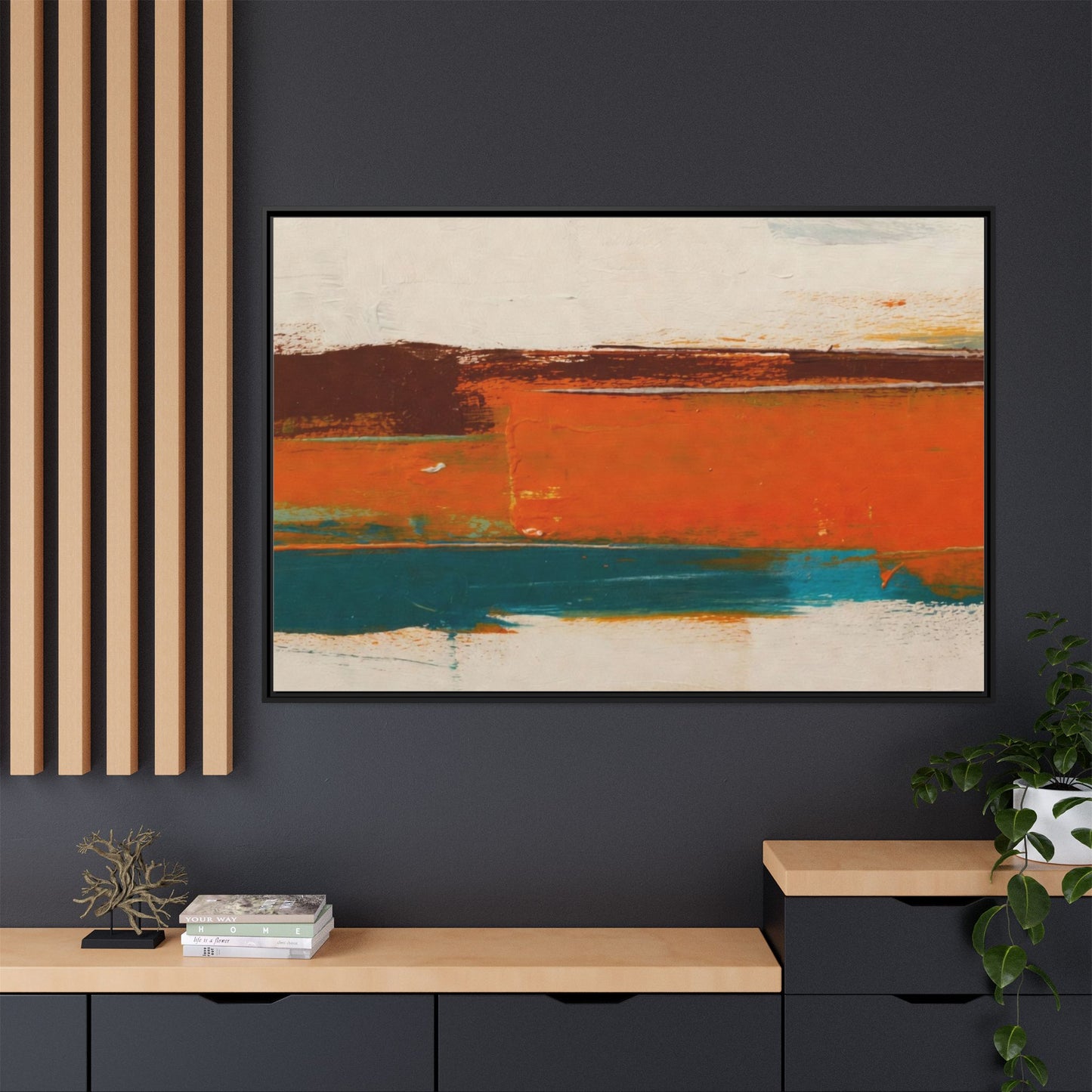 Abstract Horizon Matte Canvas Framed Print — Modern Orange Teal Wall Art