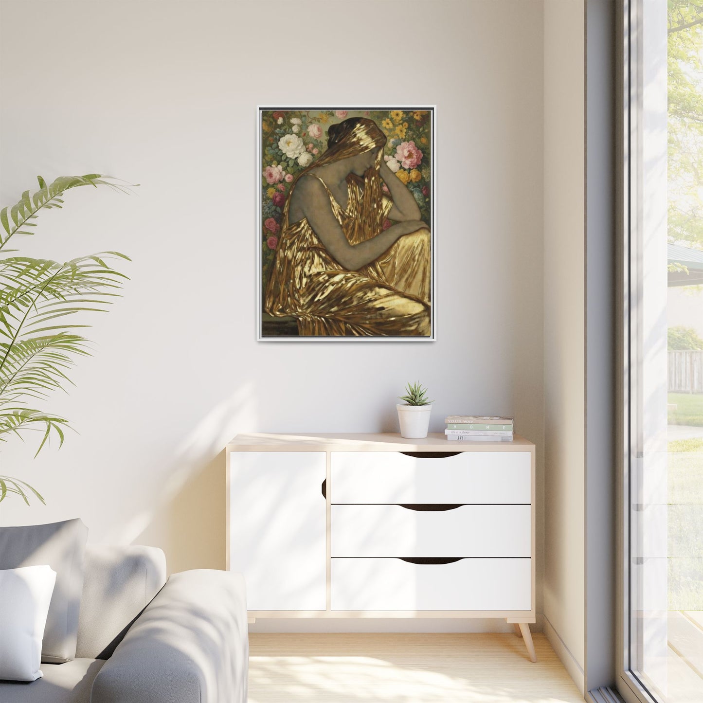 Framed Canvas Art Print — Golden Muse Woman with Floral Background