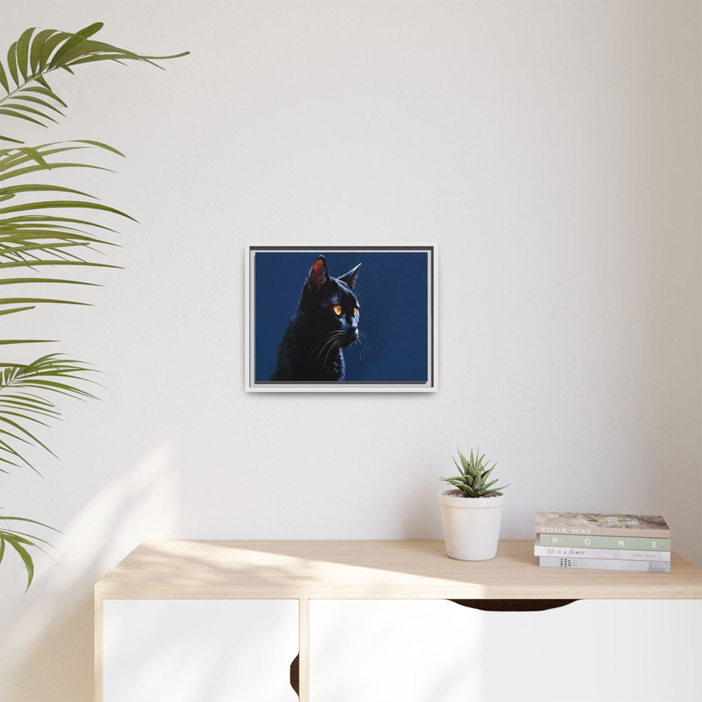 Black Cat Portrait Matte Canvas Framed Wall Art — Dramatic Feline Photo Print