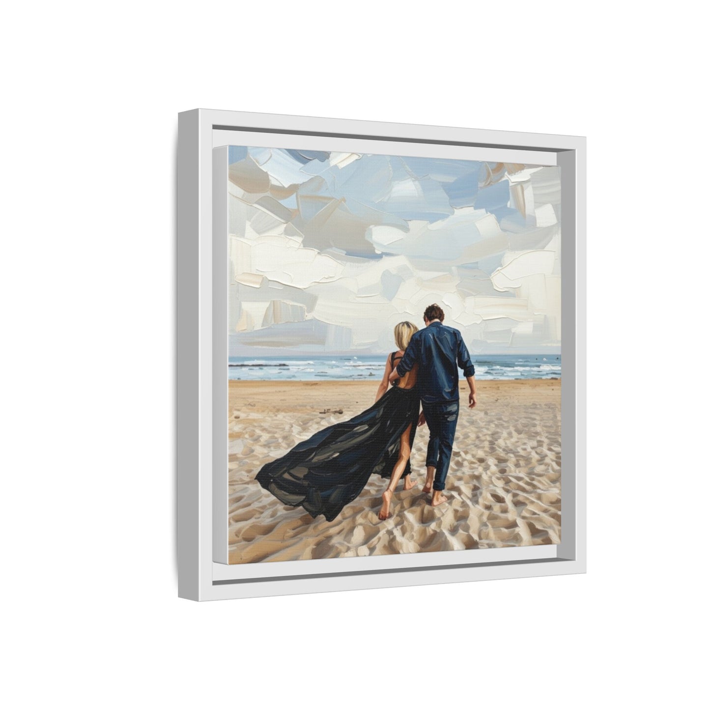 Framed Canvas Wall Art — Romantic Couple Walking on Beach Print