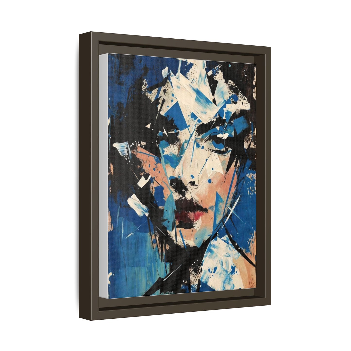Abstract Portrait Matte Canvas Framed Wall Art — Blue Mixed-Media Face Print