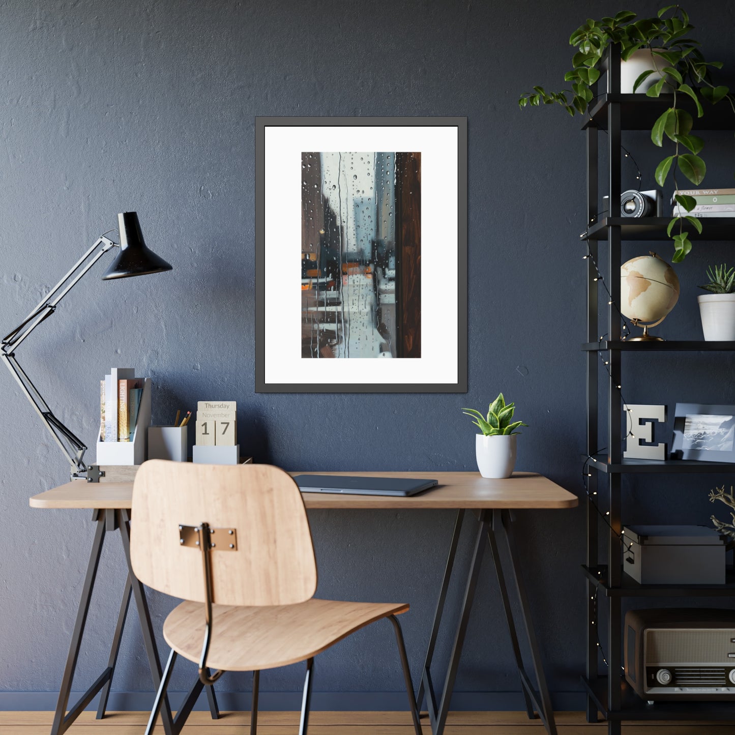 Framed Cityscape Poster — Rainy Window Urban Art Print