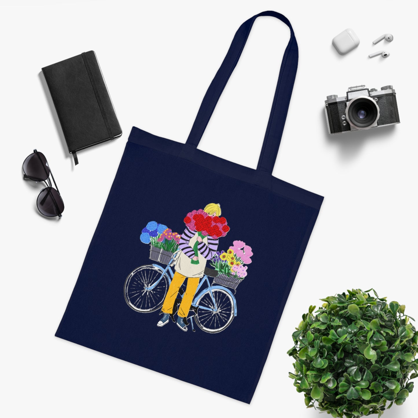 Floral Bike Tote Bag — Cotton Market Tote with Colorful Flower Bicycle Design