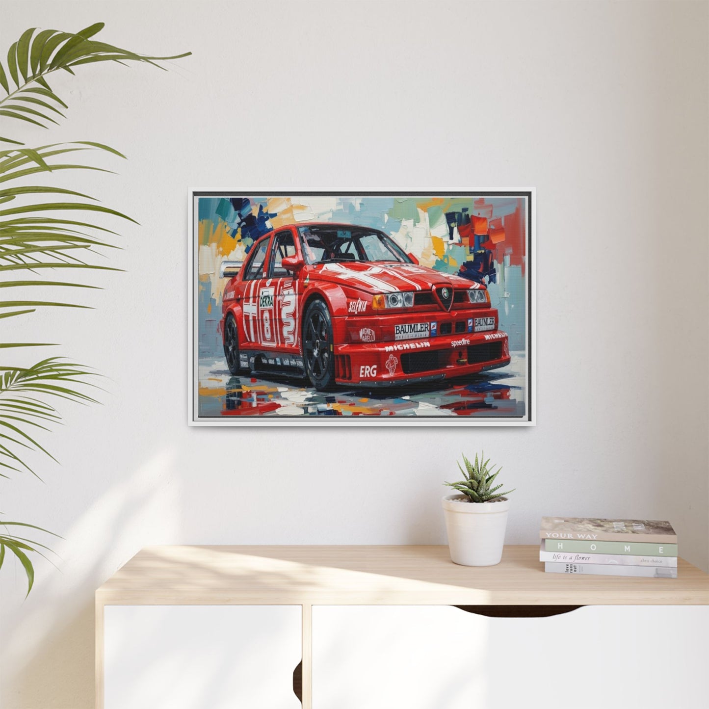 Framed Racing Car Canvas Print — Red Alfa Romeo Track Art