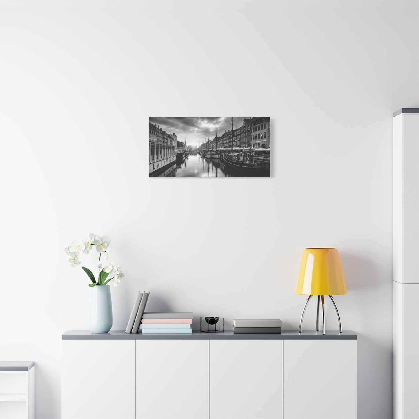 Black & White Harbor Canvas Print — Dramatic Copenhagen Cityscape Wall Art
