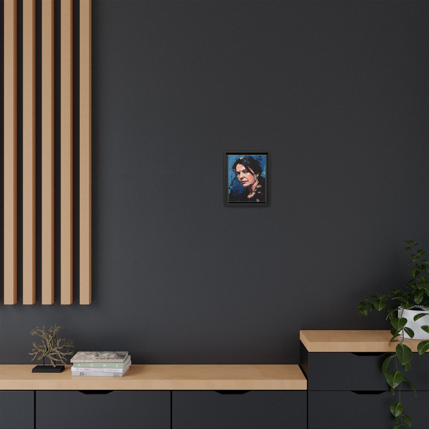 Framed Matte Canvas Portrait — Expressive Blue Painterly Woman Art