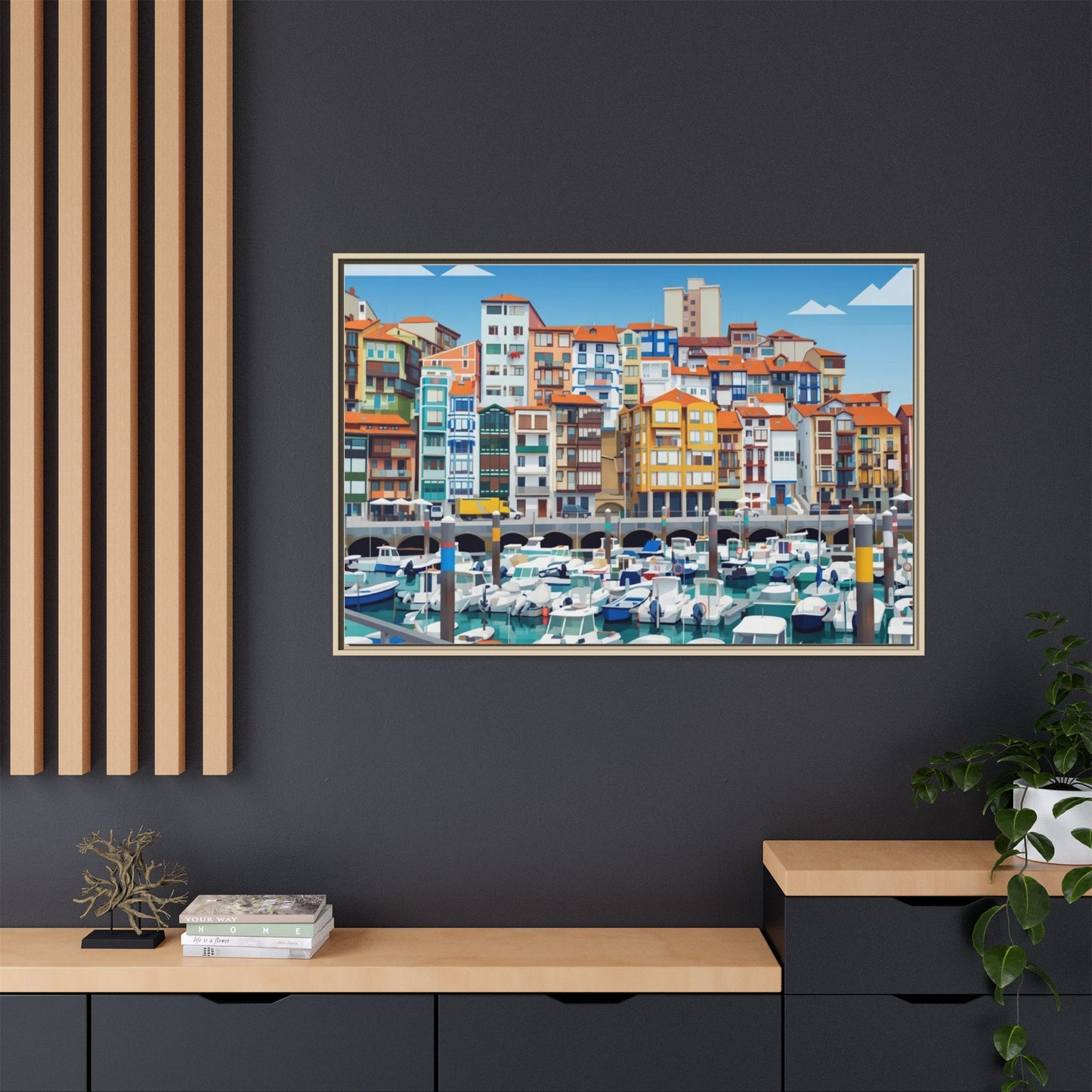 Framed Matte Canvas Print — Colorful Mediterranean Harbor Illustration