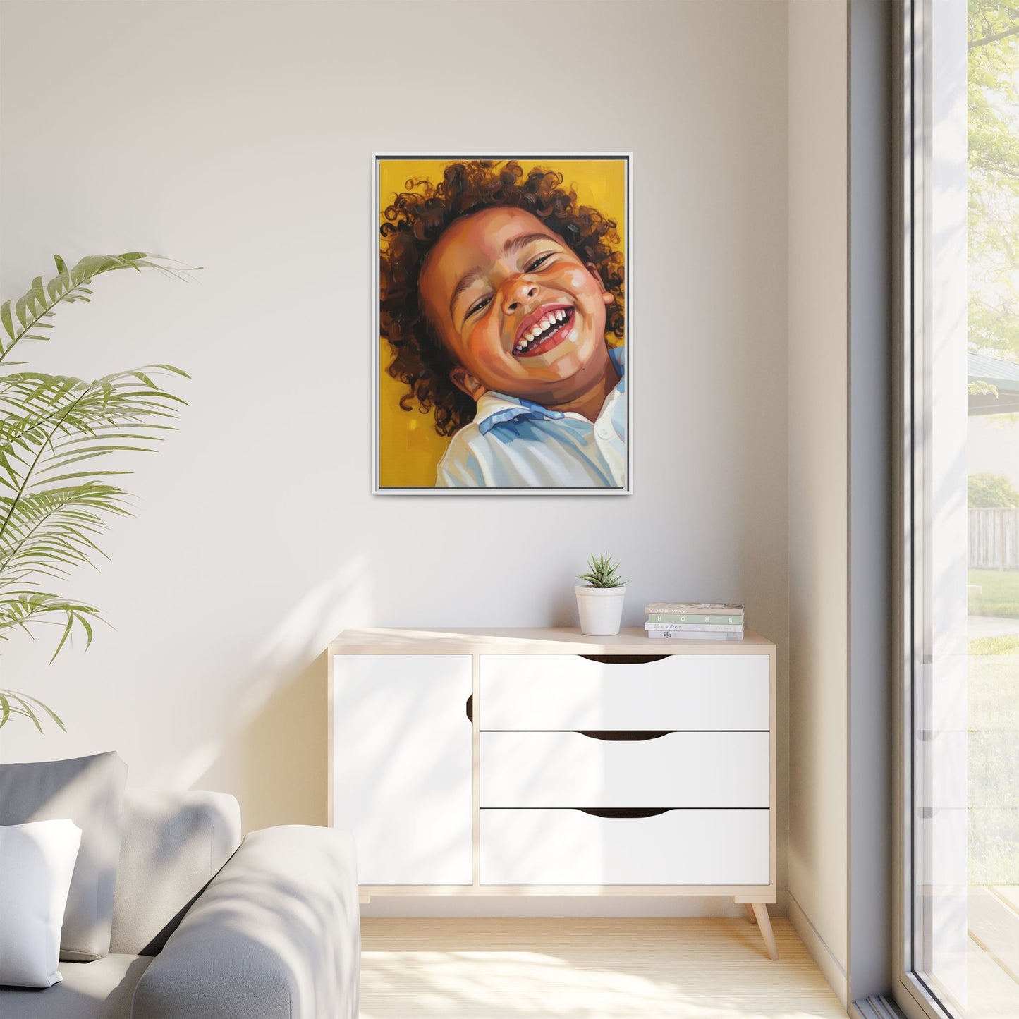 Framed Matte Canvas Print – Joyful Child Portrait, Colorful Nursery Wall Art