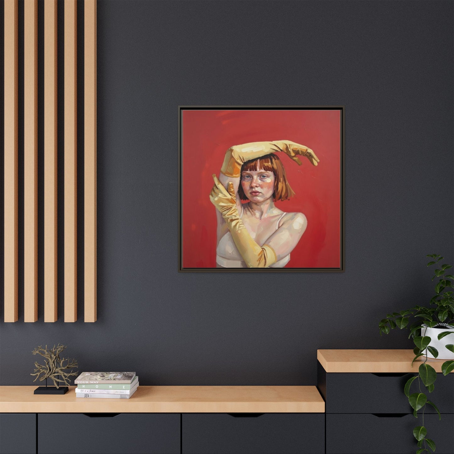 Framed Matte Canvas Art - Portrait of Woman in Yellow Gloves (Red Background)