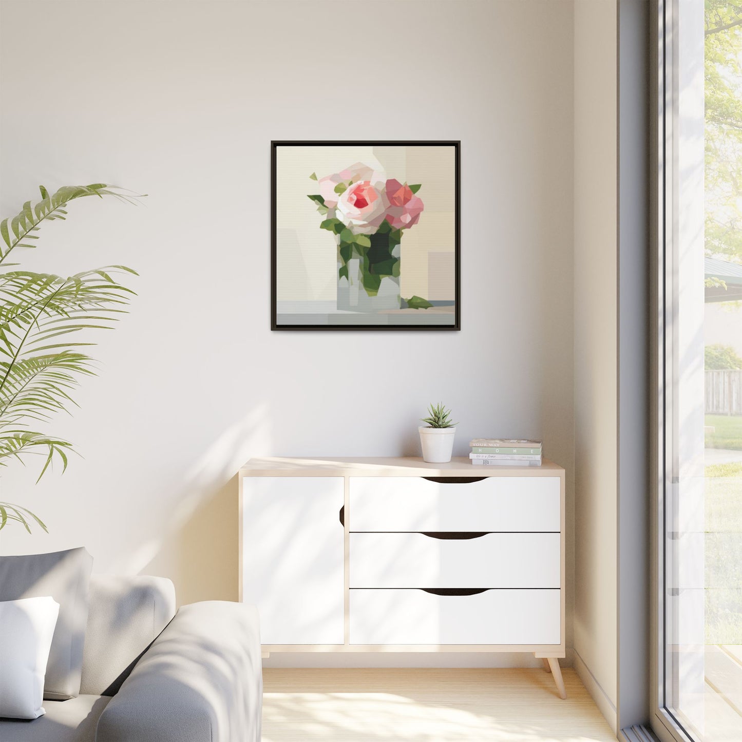 Framed Floral Canvas Print — Geometric Pink Rose Wall Art