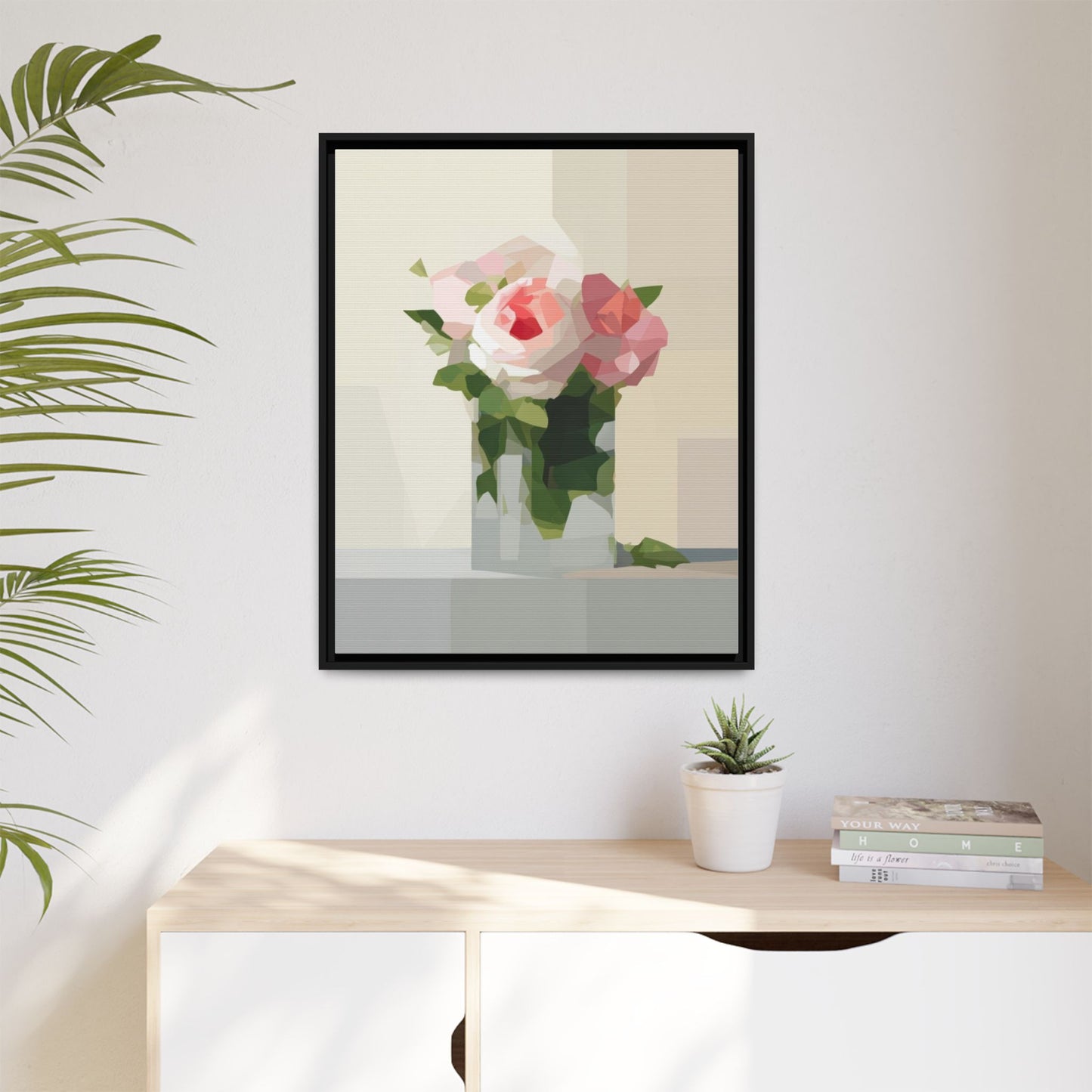 Framed Floral Canvas Print — Geometric Pink Rose Wall Art