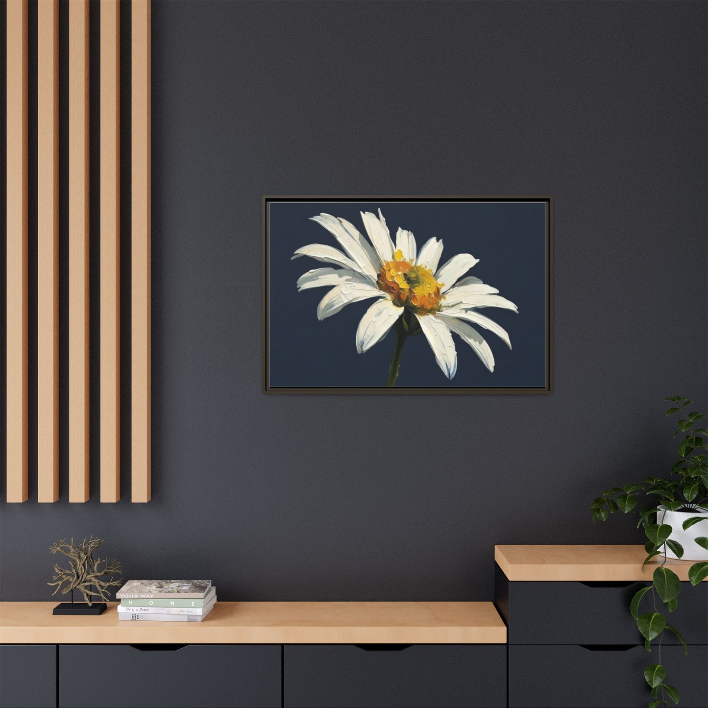 Framed Matte Canvas Daisy Wall Art — White Floral Painting on Navy