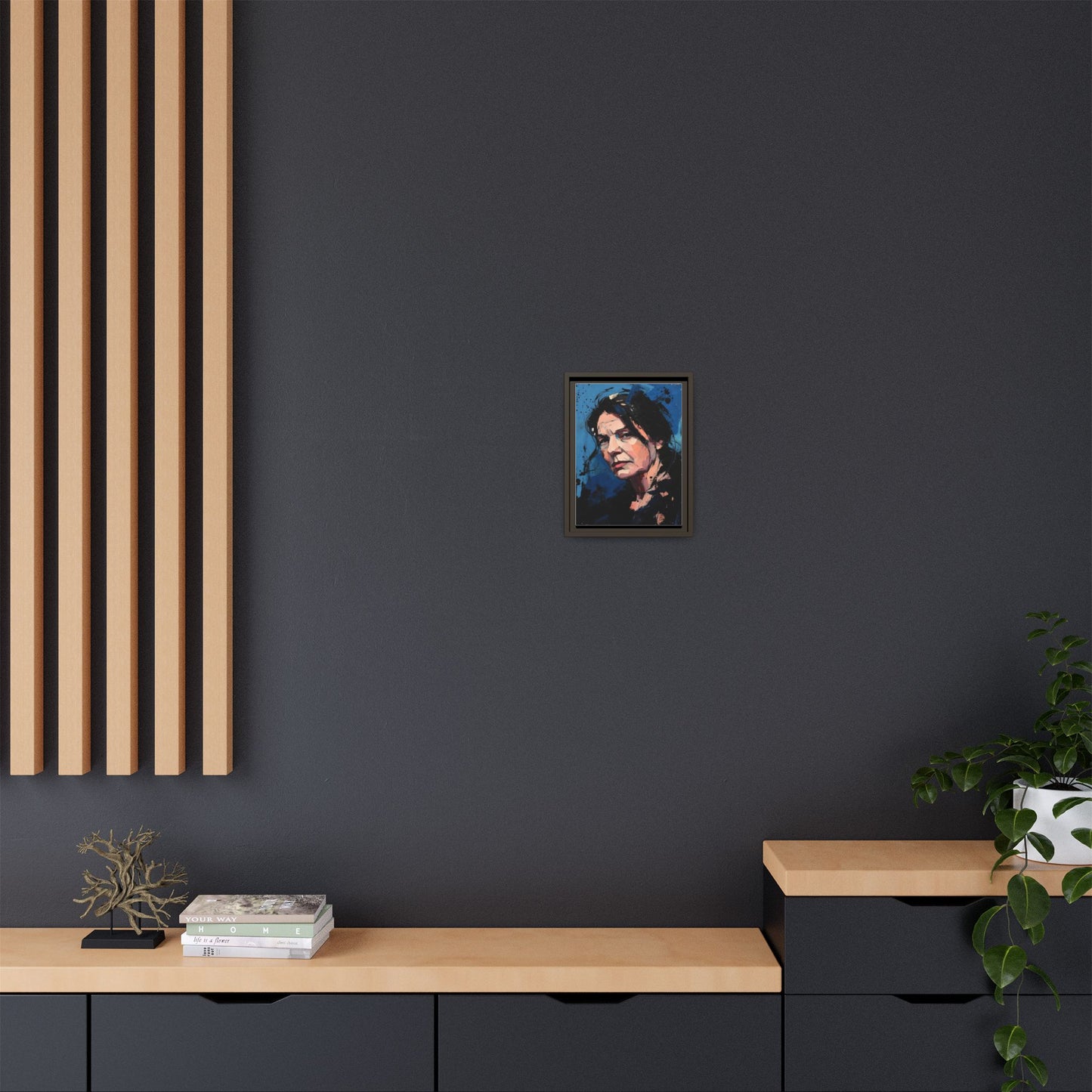 Framed Matte Canvas Portrait — Expressive Blue Painterly Woman Art