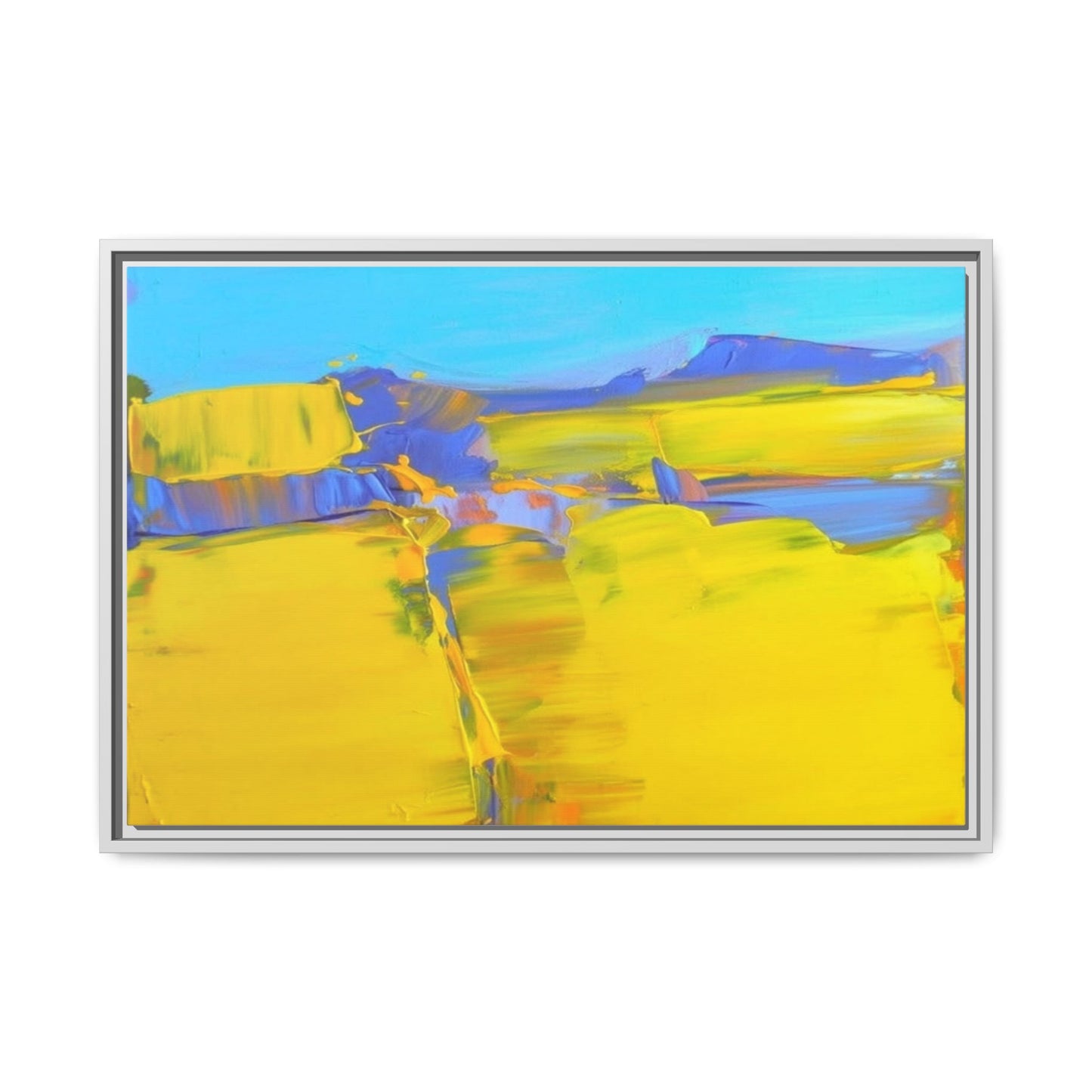 Framed Matte Canvas  Vibrant Yellow Blue Abstract Landscape Art