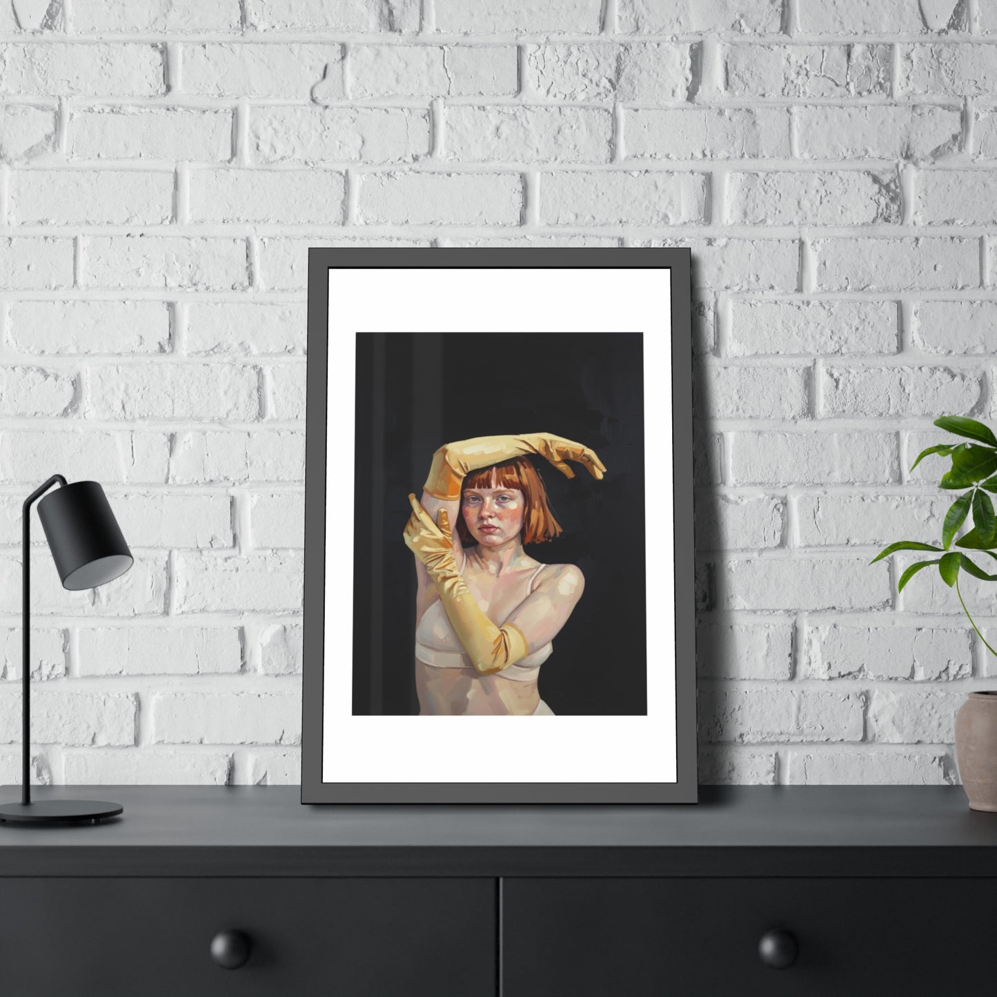 Framed Art Poster — Portrait of Redhead Woman in Yellow Gloves (Gallery Wall Print)