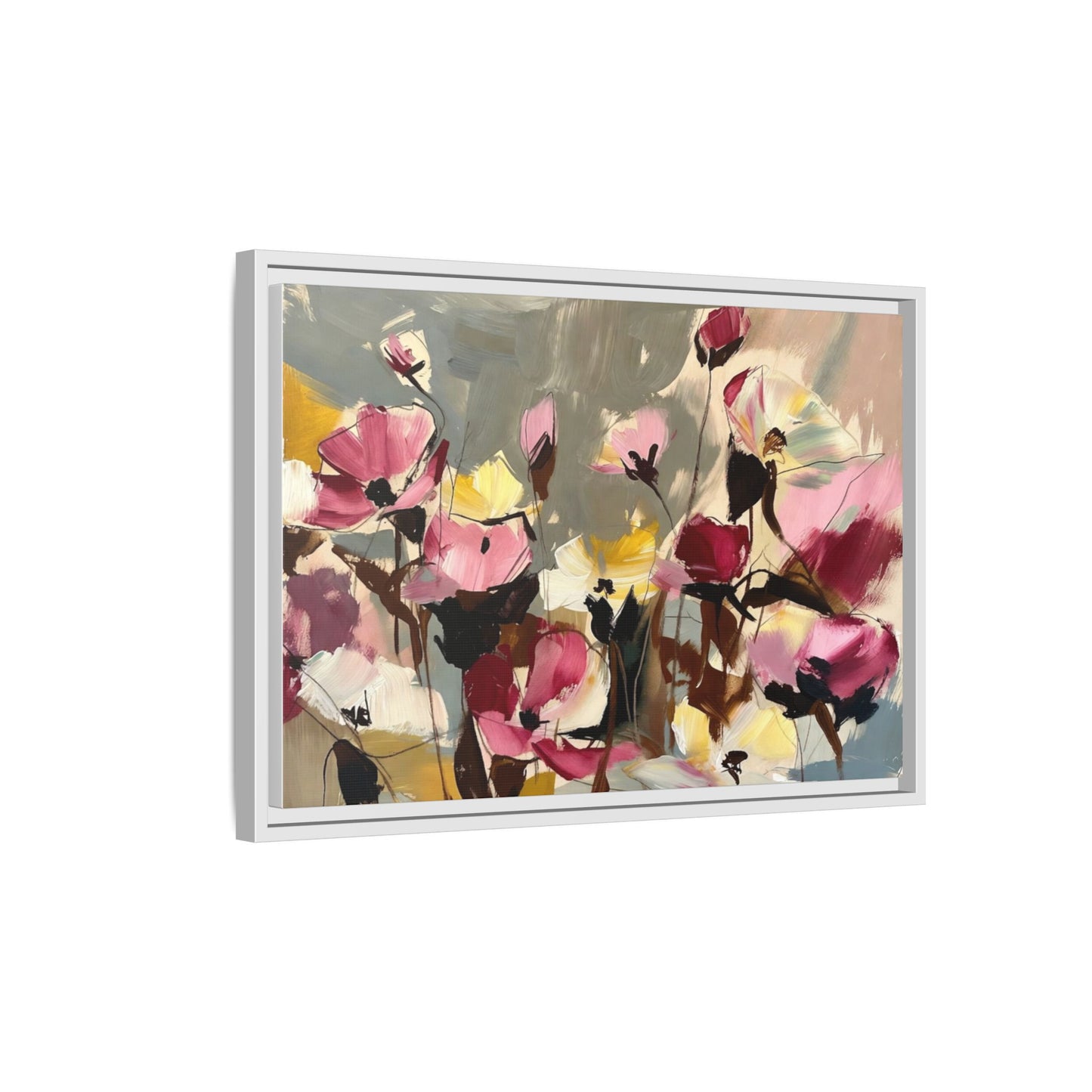 Framed Floral Canvas Wall Art — Abstract Pink & Yellow Flowers