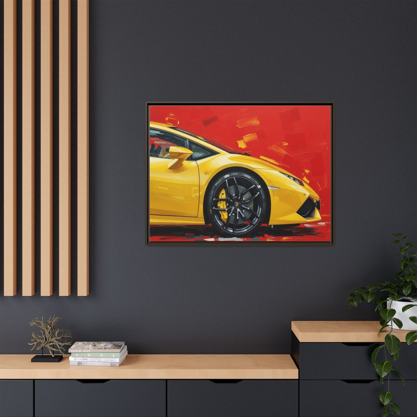 Yellow Sports Car Matte Canvas Print — Framed Automotive Wall Art
